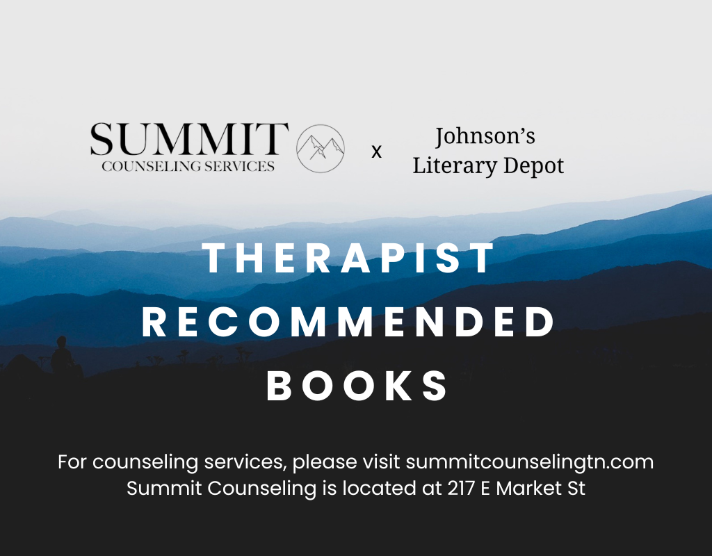 A promotional image for Summit Counseling Services and Johnson's Literary Depot featuring a mountain landscape background with text about therapist-recommended books and counseling service contact information.