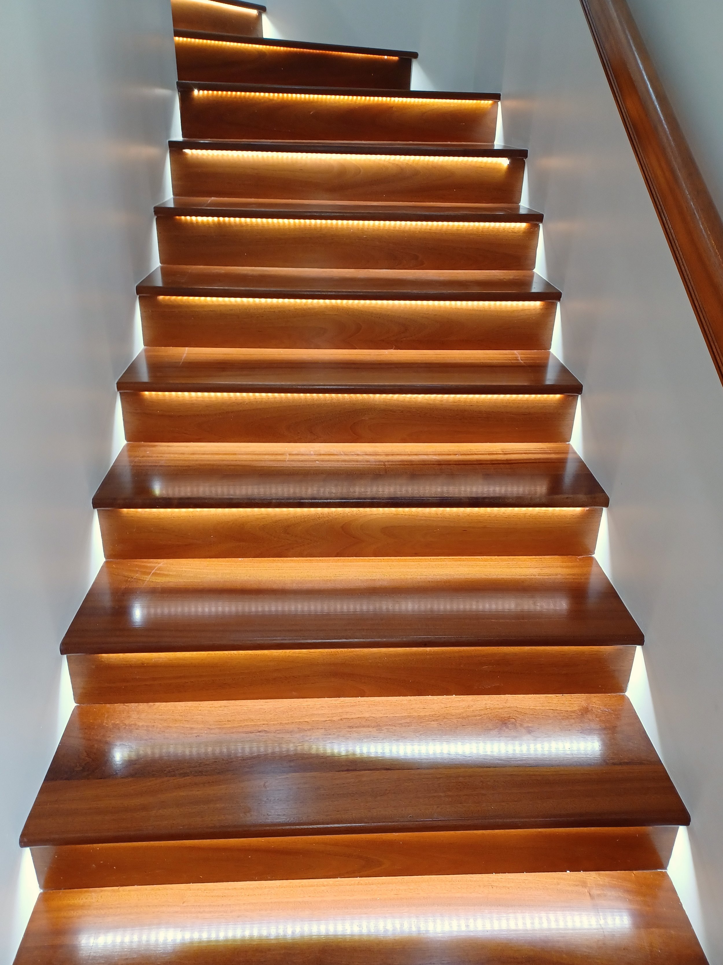 Mahogany stair treads, underlit staircase