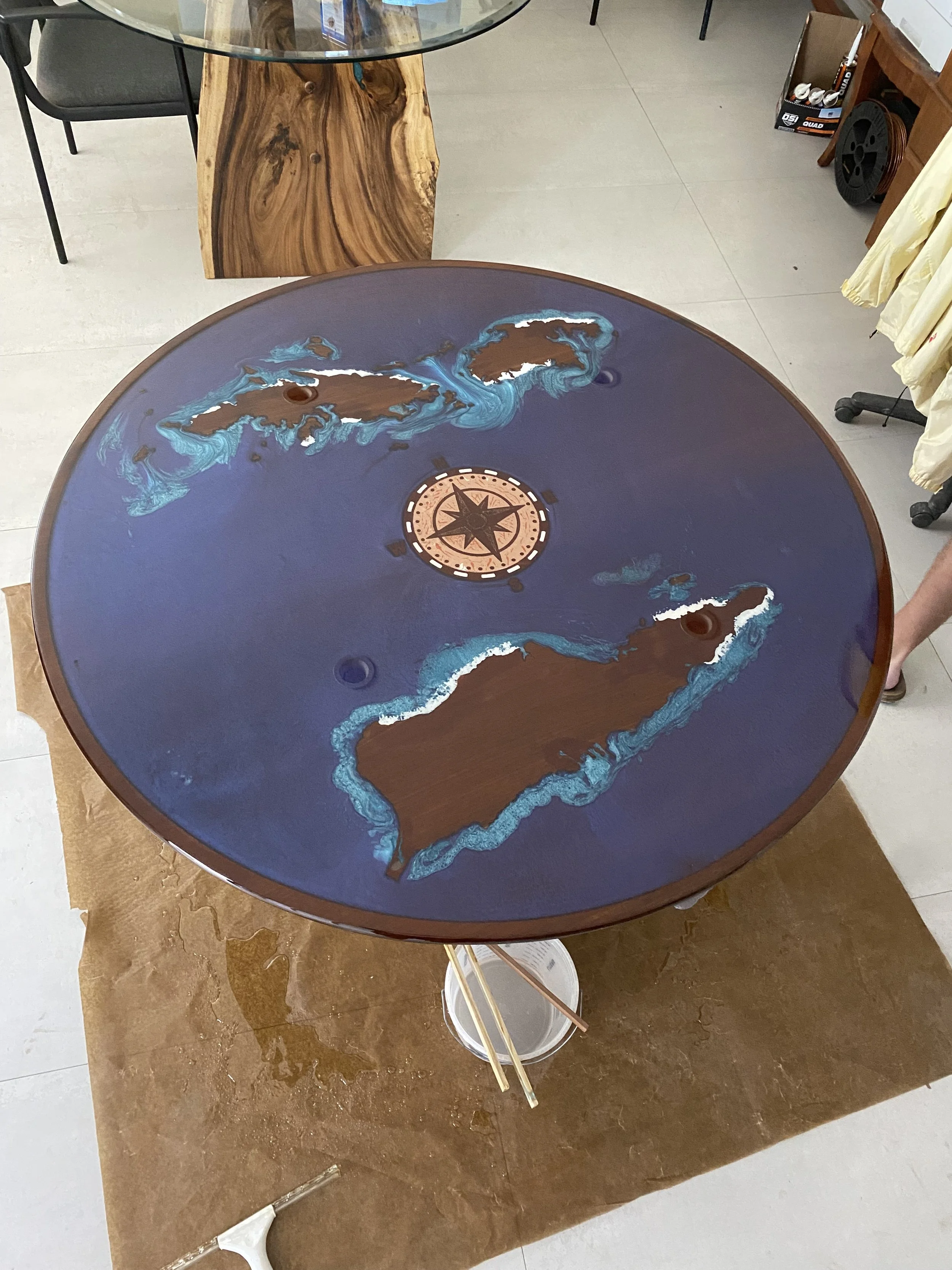 Epoxy Round Table, St. Croix Carving, Virgin Islands Carving, CNC Router Carving