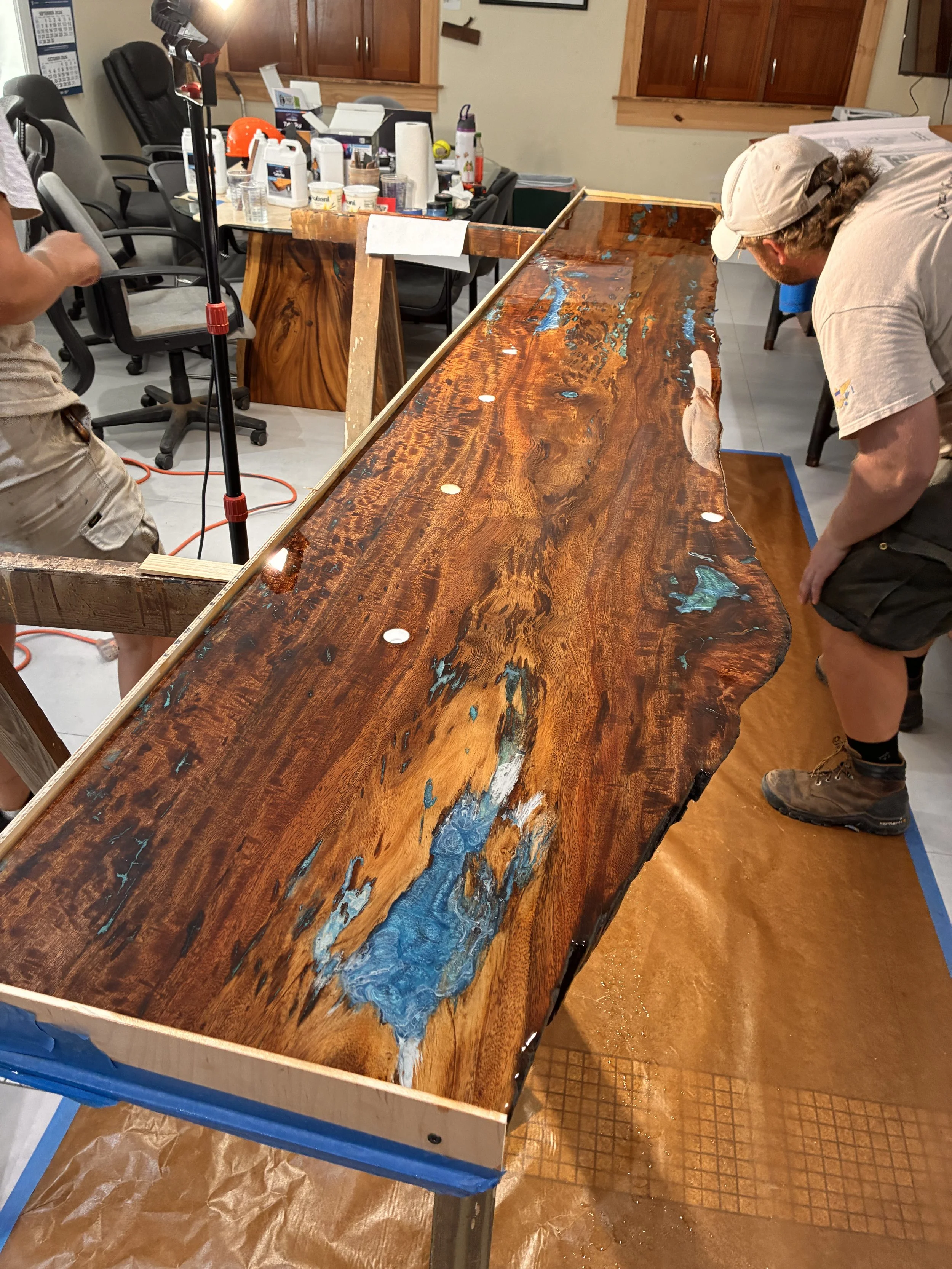 Live edge mahogany epoxy slab, colored epoxy, river table