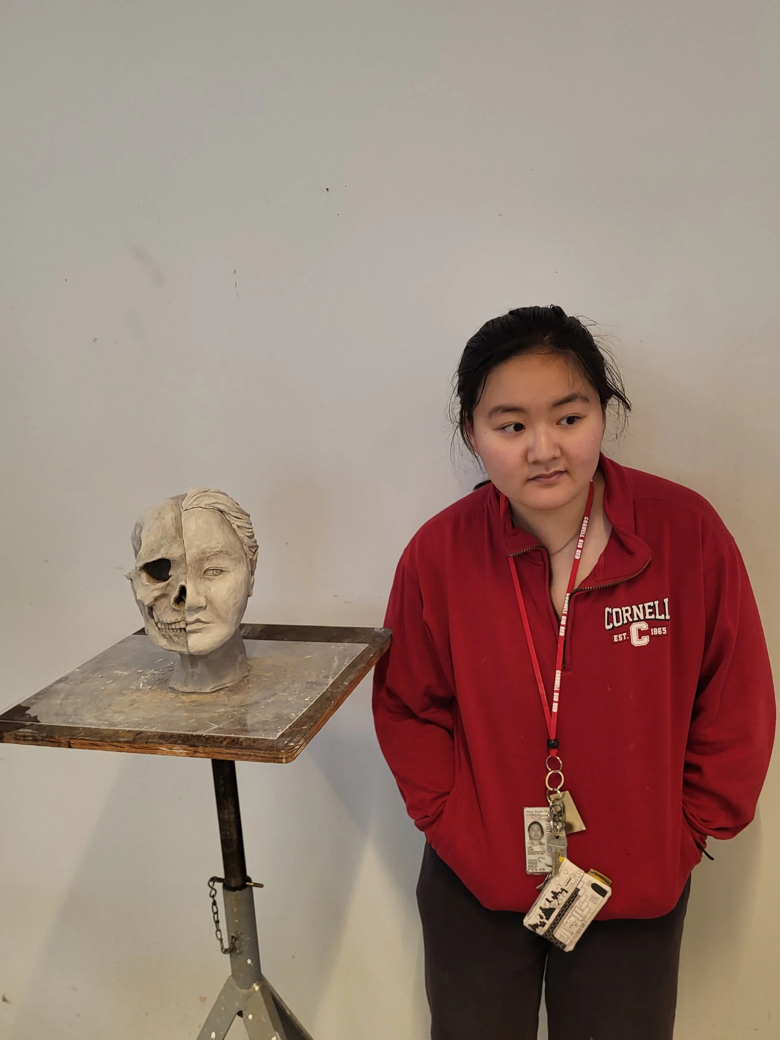 A young woman with dark hair in a red Cornell University sweatshirt standing beside a plaster or clay sculpture of a human face, with one half showing a normal face and the other half showing a skull, displayed on a wooden table.