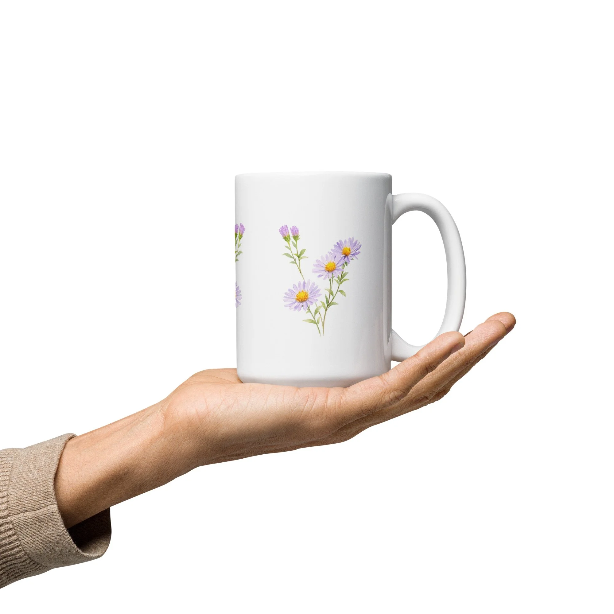 White Mug with New York Aster  | Native Wildflower Design