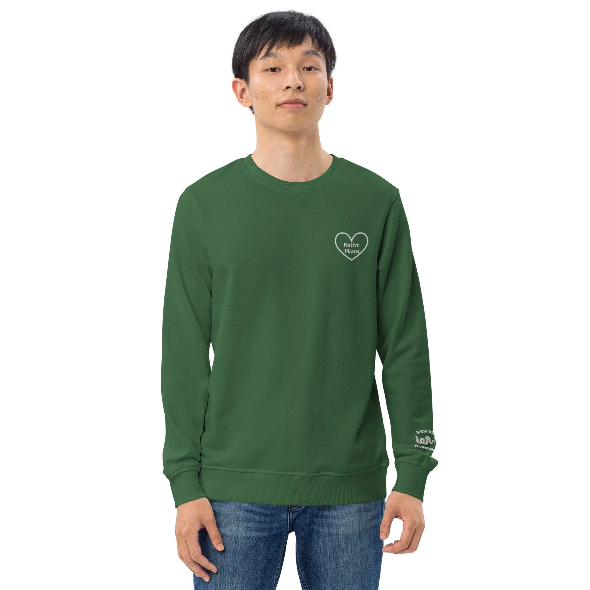 Unisex Organic Forest Green Sweatshirt embroidered “I Love Native Plants”