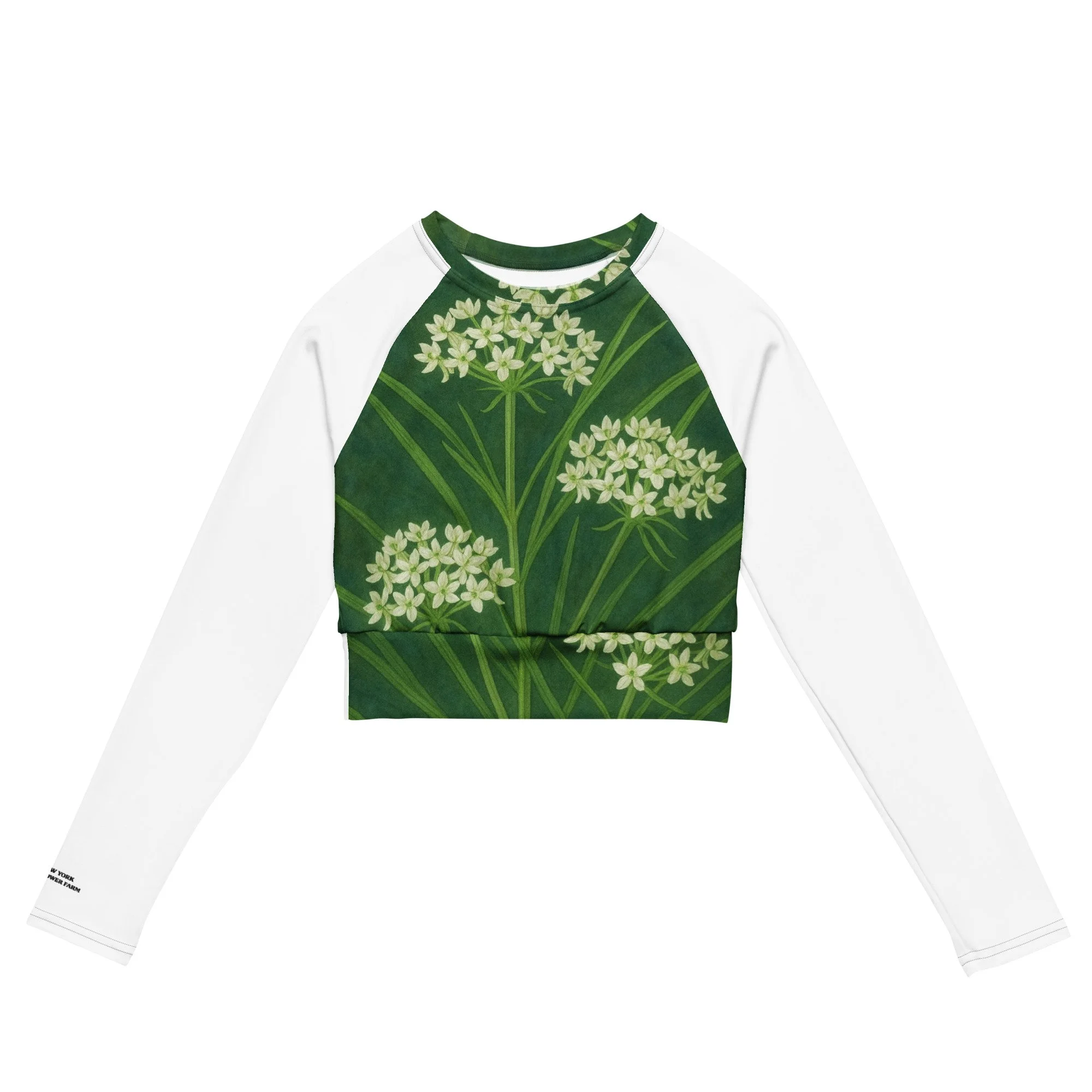 Recycled Textile Long-Sleeve Crop Top with Whorled Milkweed Floral Pattern