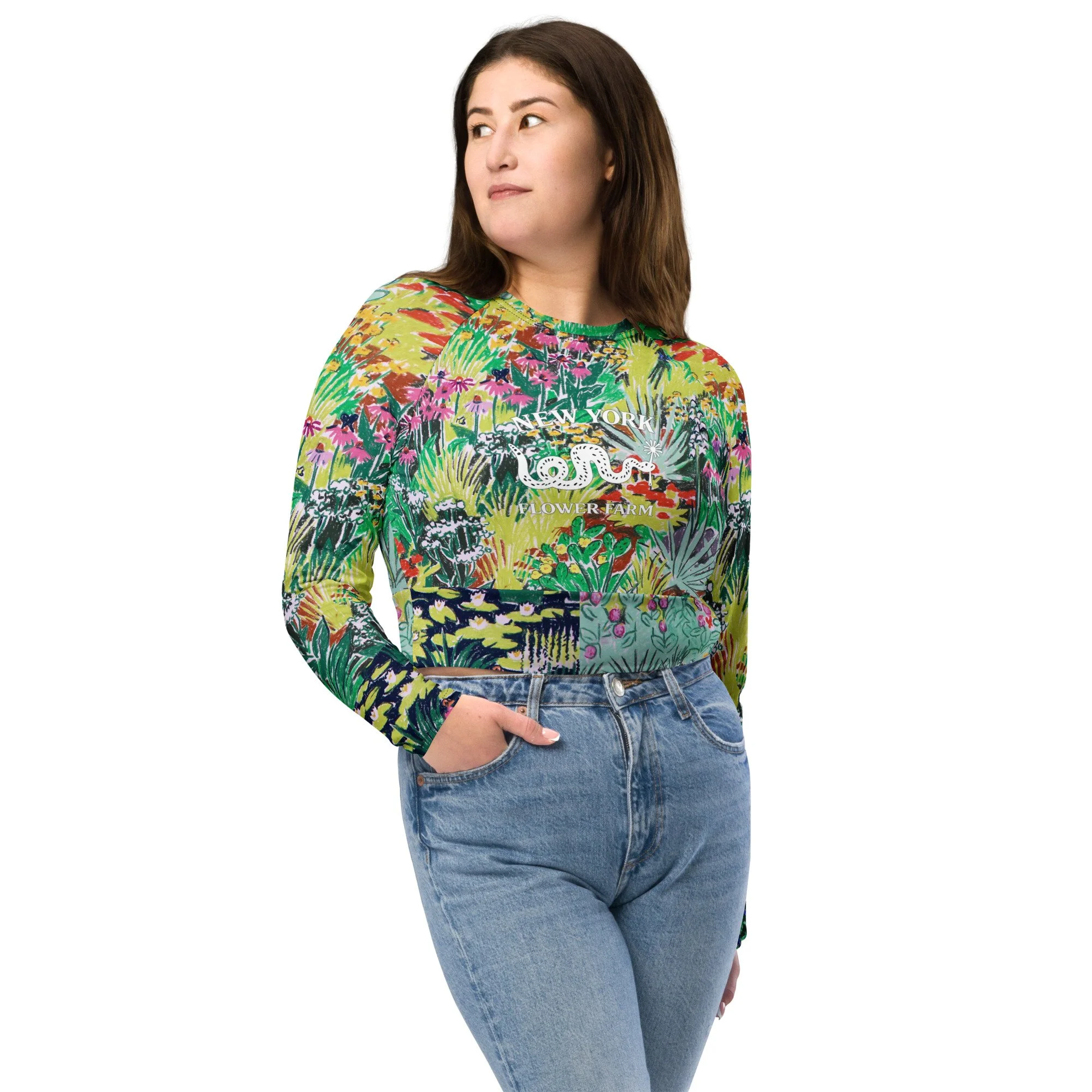 Recycled Long-Sleeve Crop Top with Colorful Prairie Plant Pattern