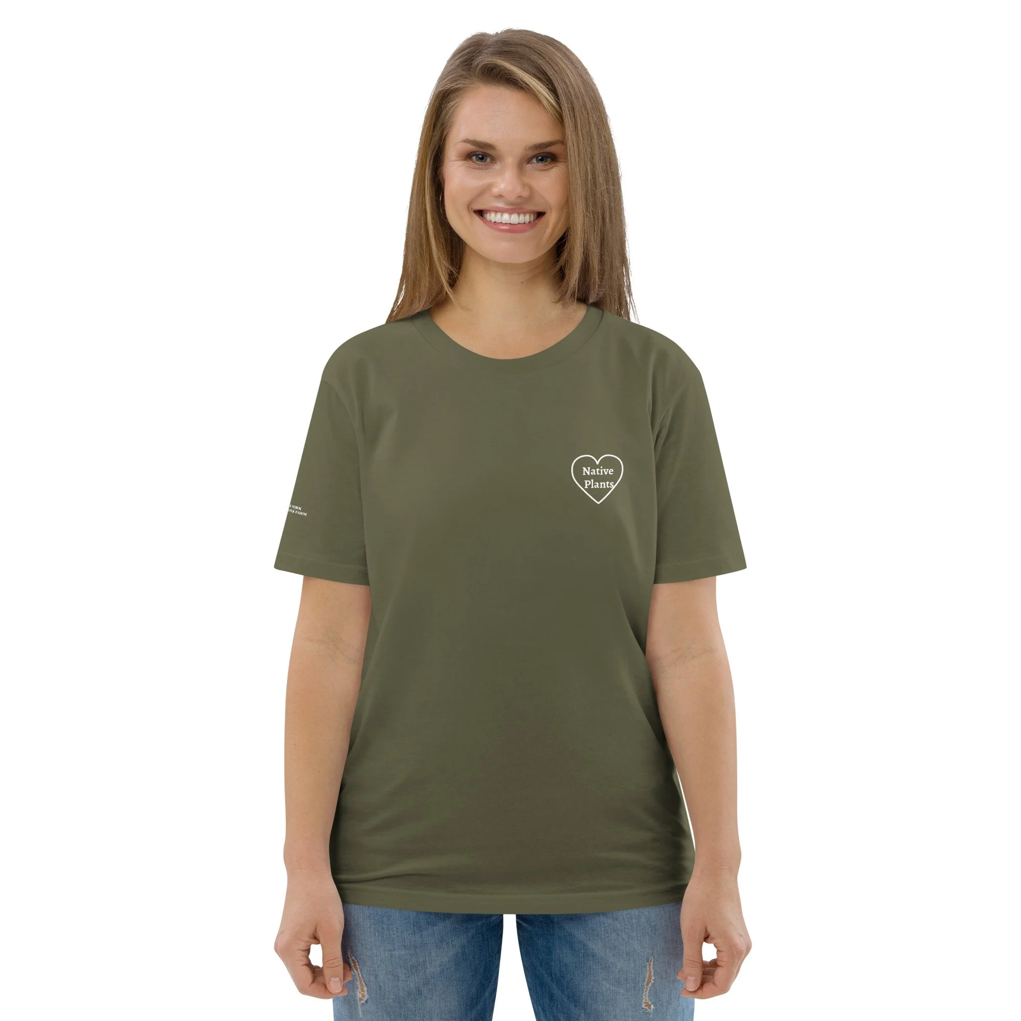 Unisex Organic Moss Green T-Shirt “I Love Native Plants” Heart