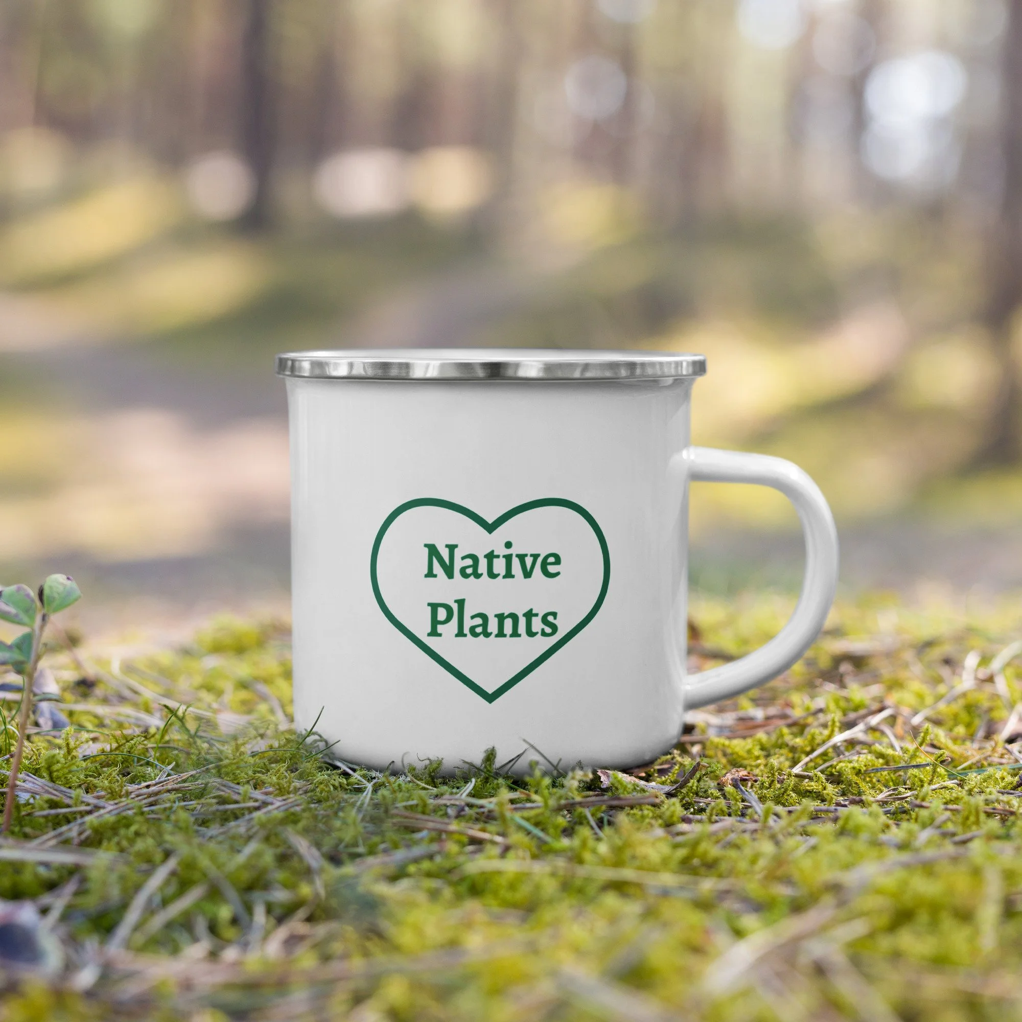 Green Enamel Mug with “I Love Native Plants” Heart | Plant Lover Drinkware