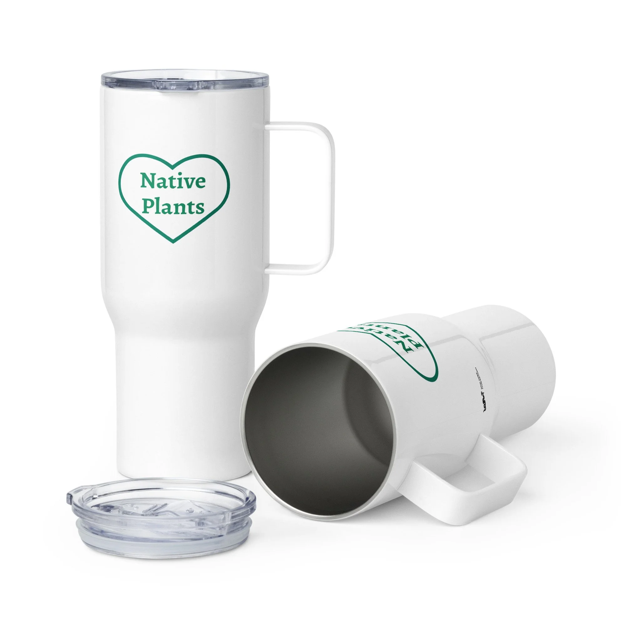 Green Travel Mug with “I Love Native Plants” Heart | Plant Lover Drinkware