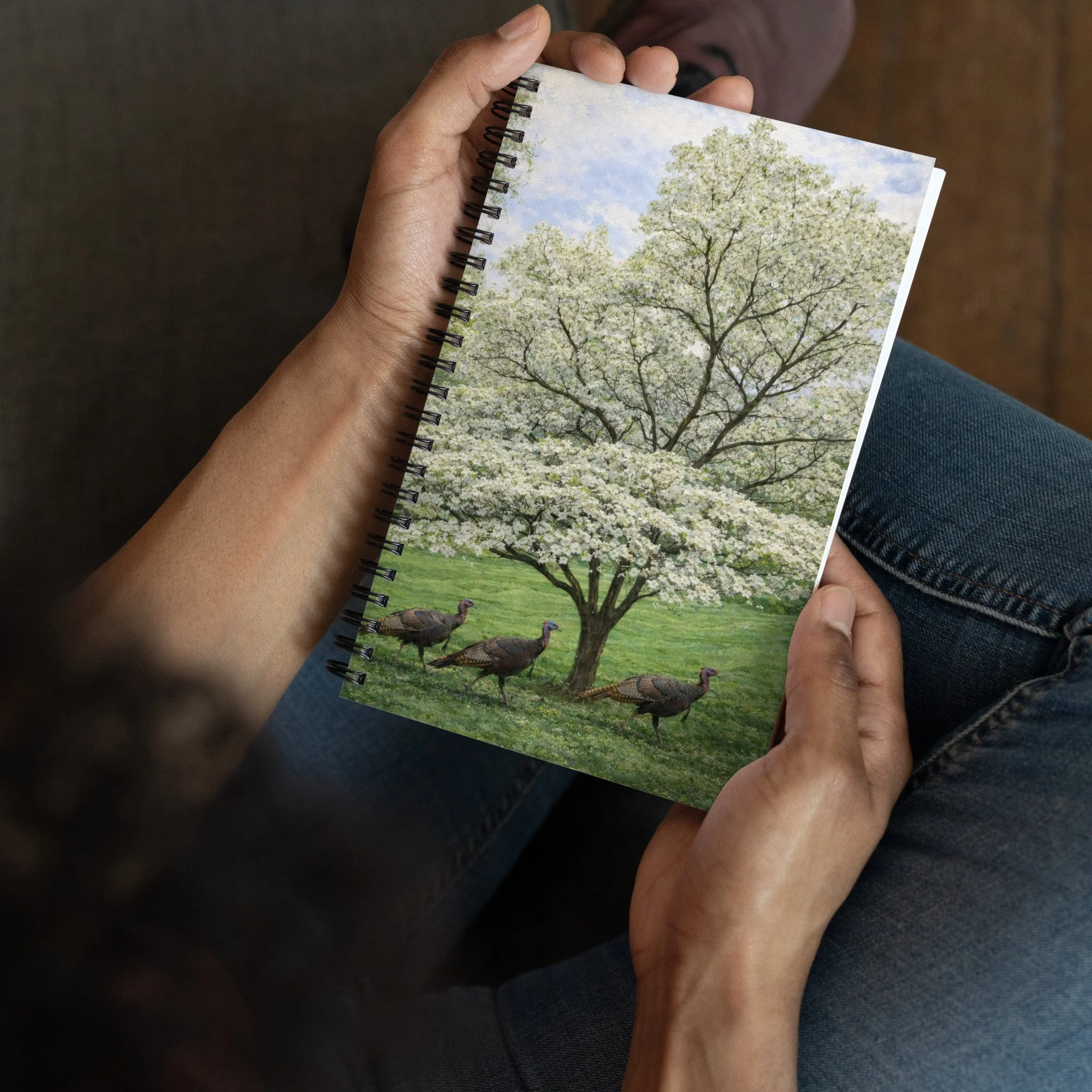 Spiral Notebook with White Flowering Dogwood & Wild Turkeys | Native Wildlife Design