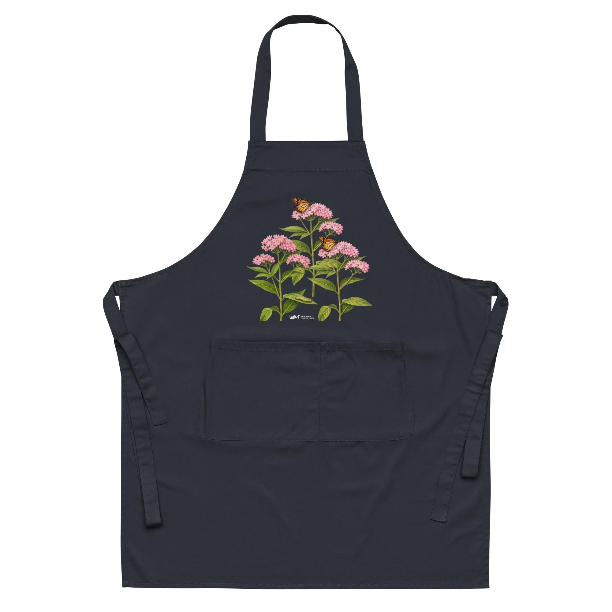 Organic Cotton Apron with Embroidered Milkweed & Monarchs Design