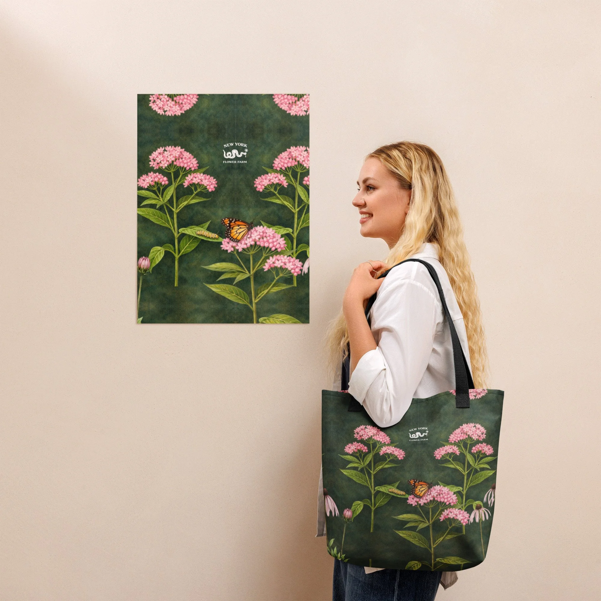Tote Bag with Milkweed, Monarchs & Pale Coneflower | Pollinator Design