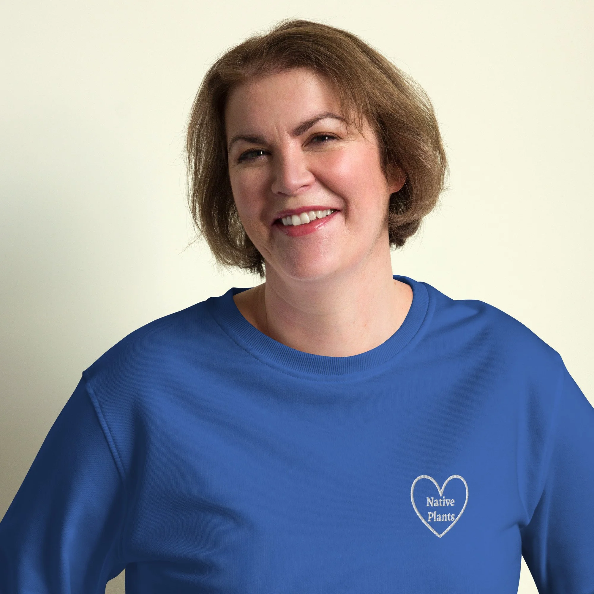 Unisex Organic Blue Sweatshirt with Embroidered “I Love Native Plants” Heart