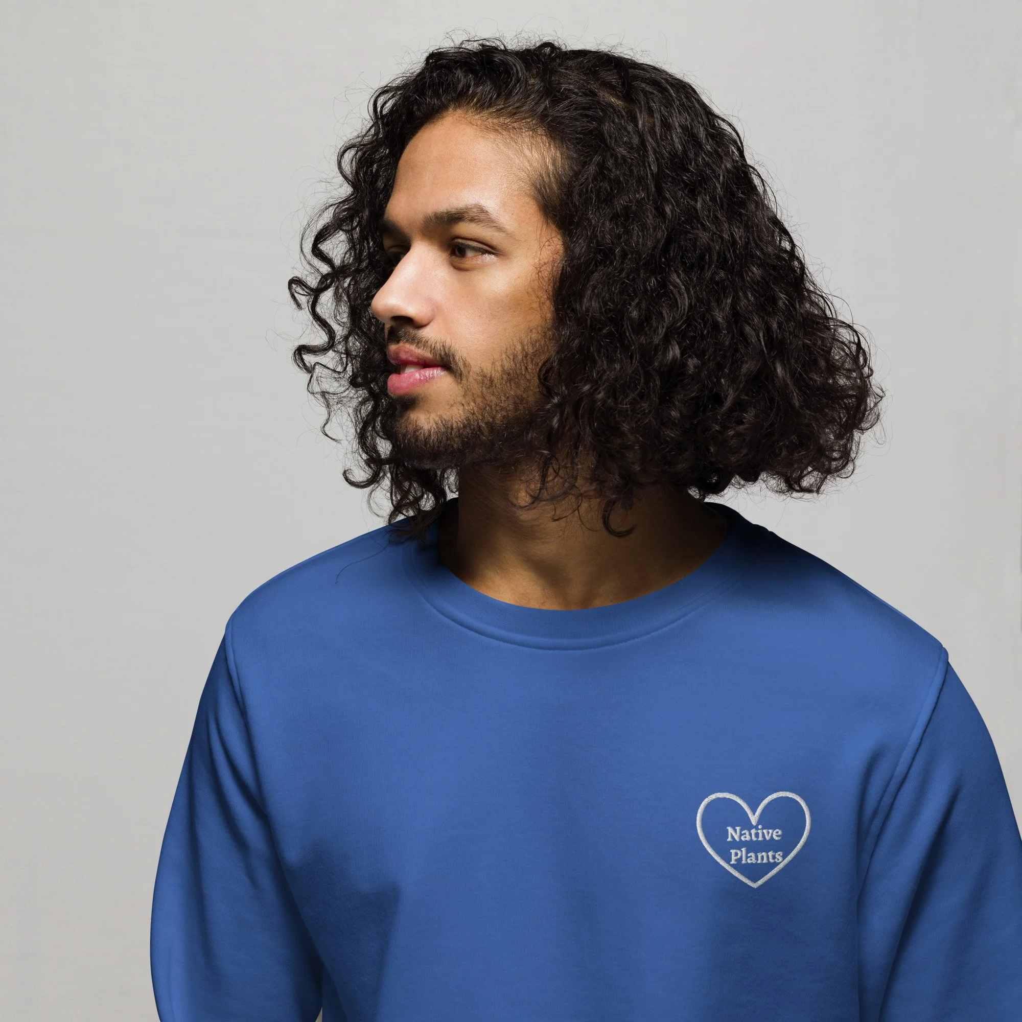 Unisex Organic Blue Sweatshirt with Embroidered “I Love Native Plants” Heart