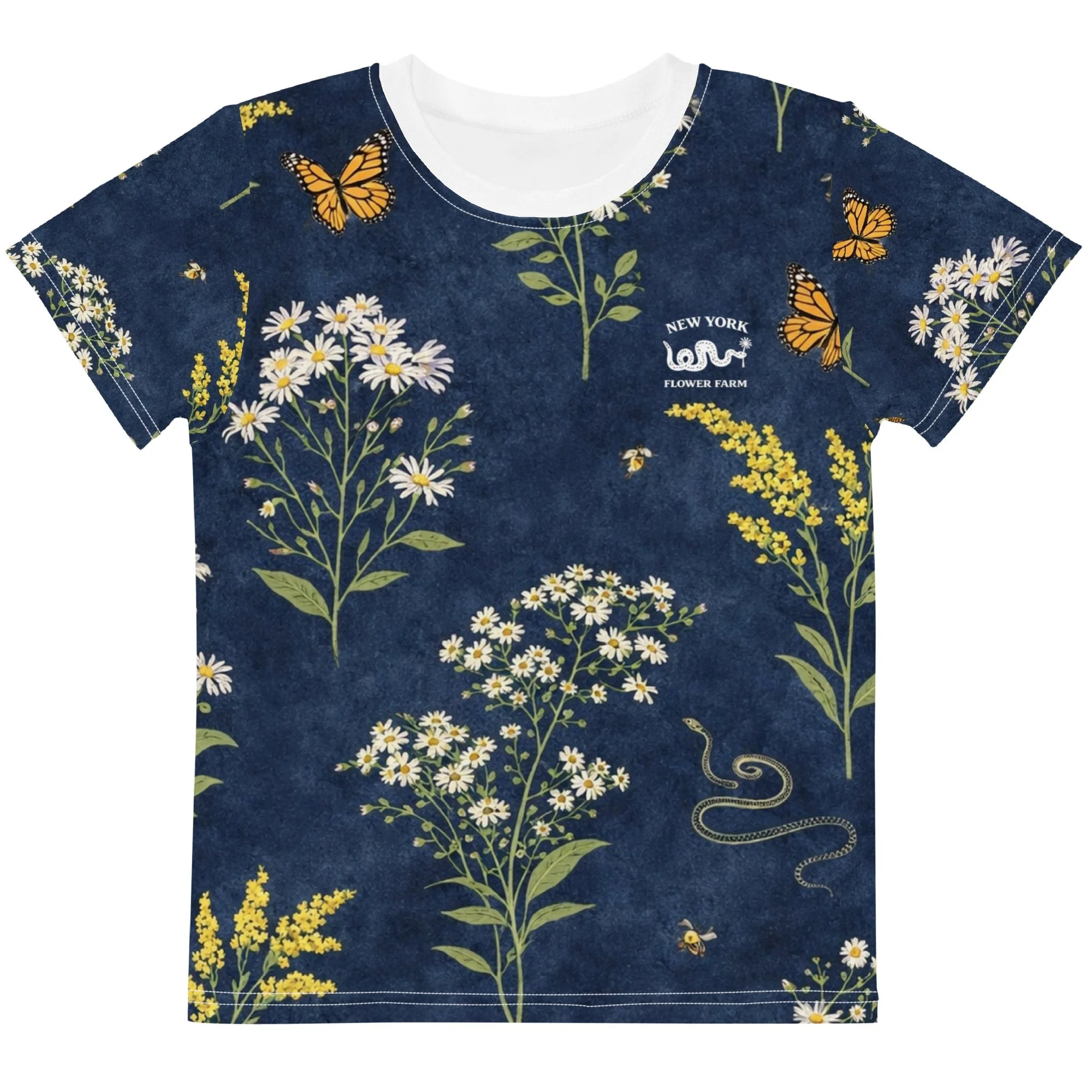Kids Cotton Crew Neck T-Shirt with Aster & Goldenrod | Native Wildflowers Floral Pattern