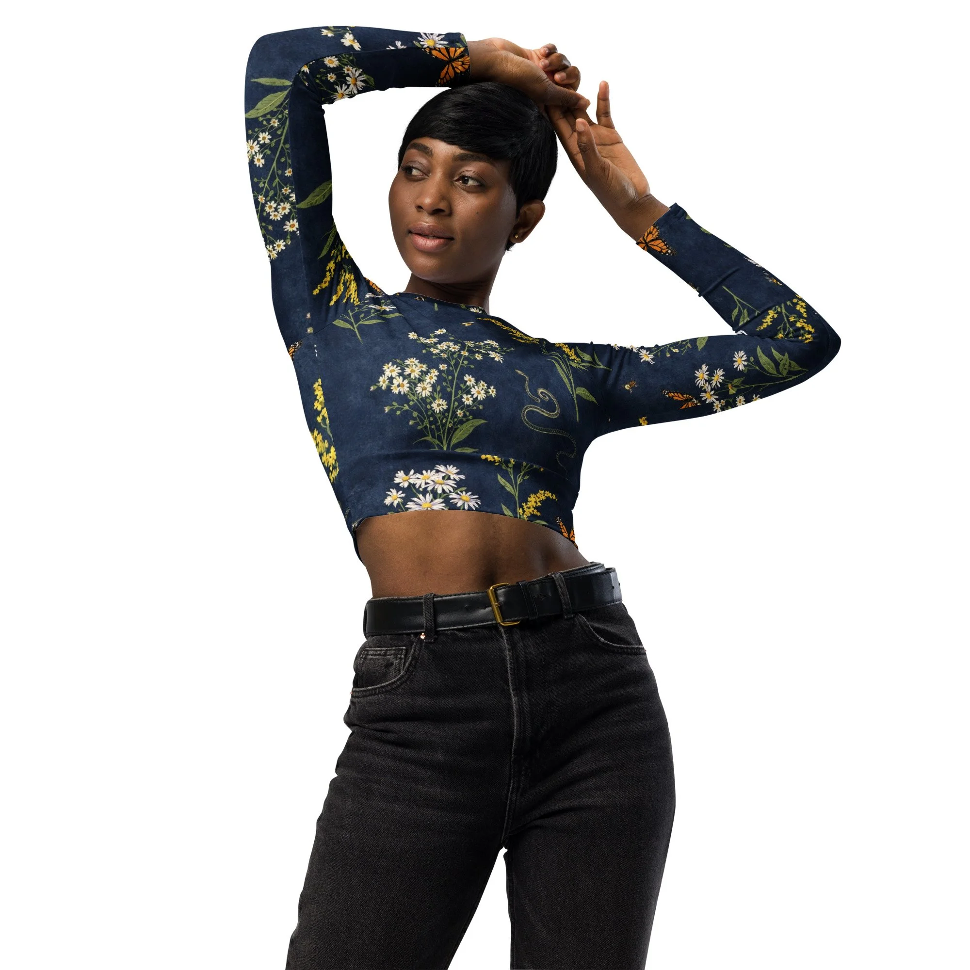 Recycled Long-Sleeve Crop Top with Aster & Goldenrod | Native Wildflowers Floral Pattern