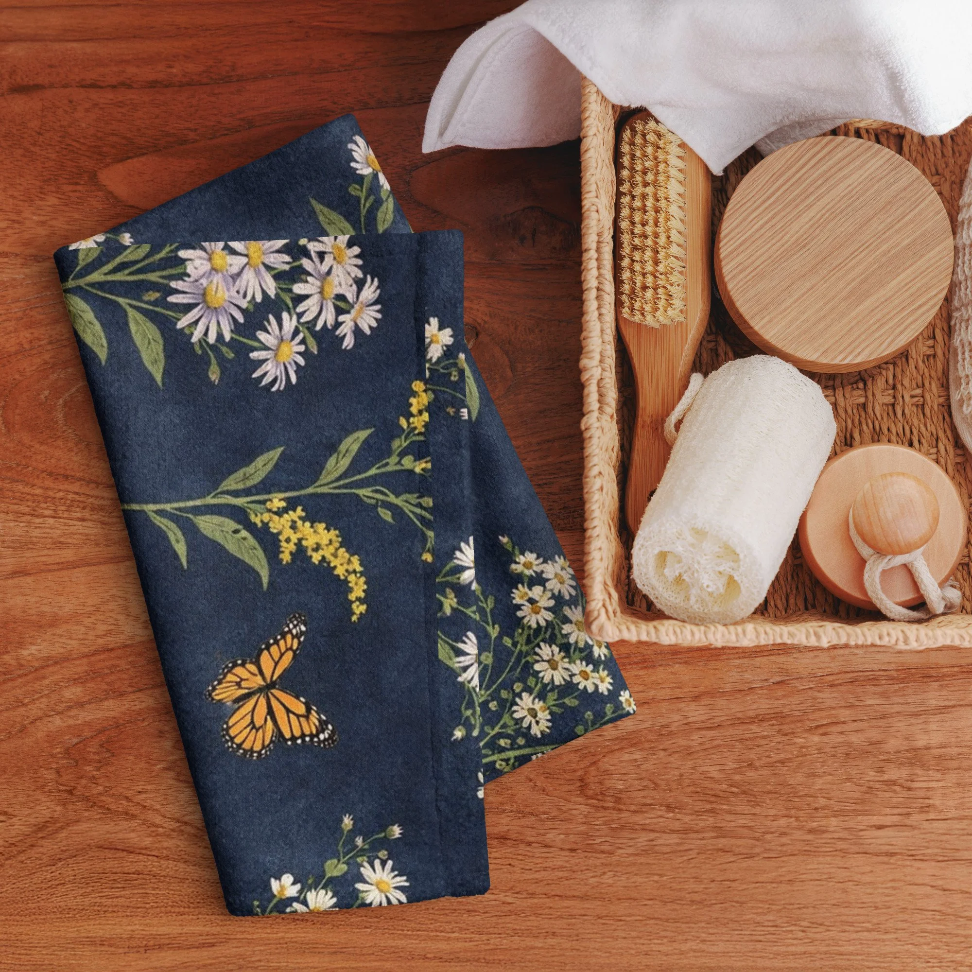 Monarch-Inspired Aster & Goldenrod Hand Towel | Pollinator Wildflowers