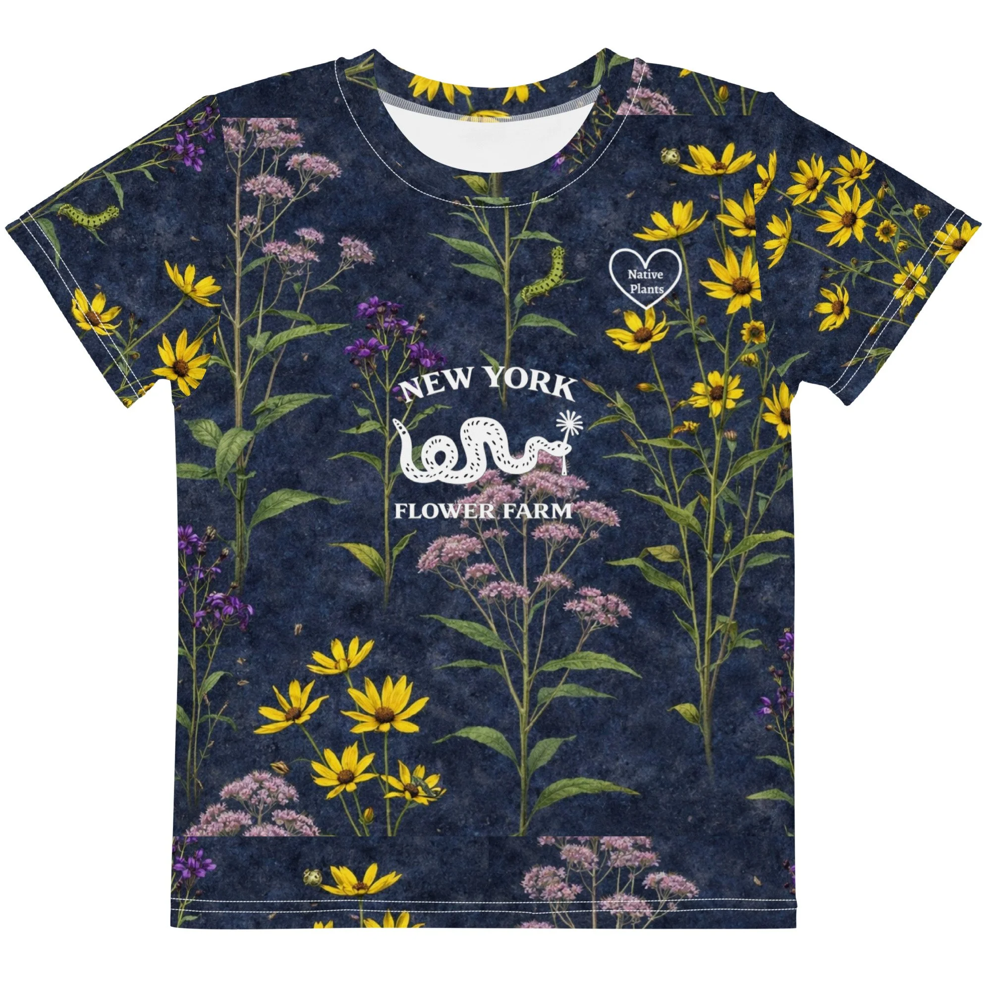 Kids Cotton Crew Neck T-Shirt | Native Sunflower, Ironweed & Joe Pye Weed Floral Pattern