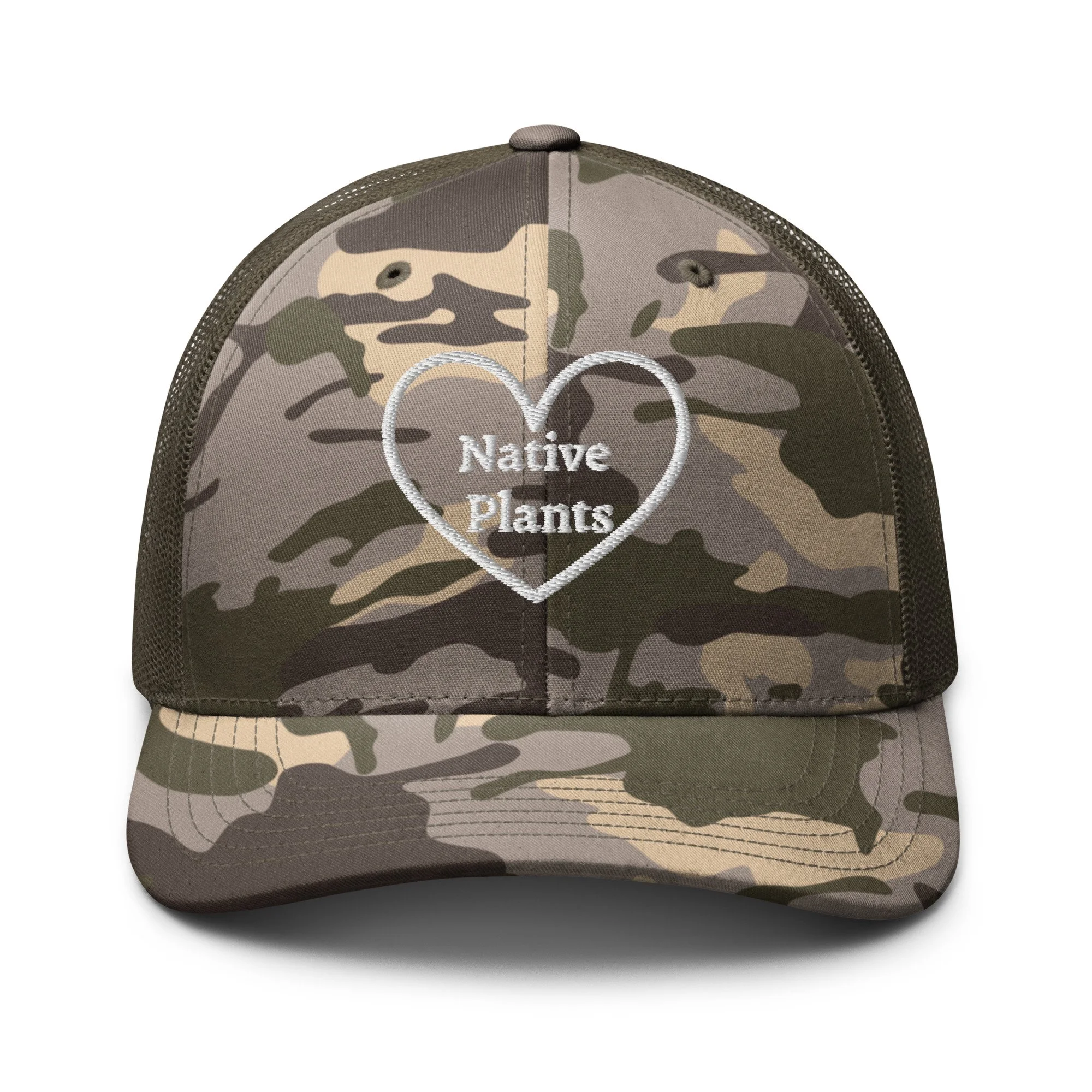 Camouflage Landscaper Hat with Embroidered 'I love native plants' heart