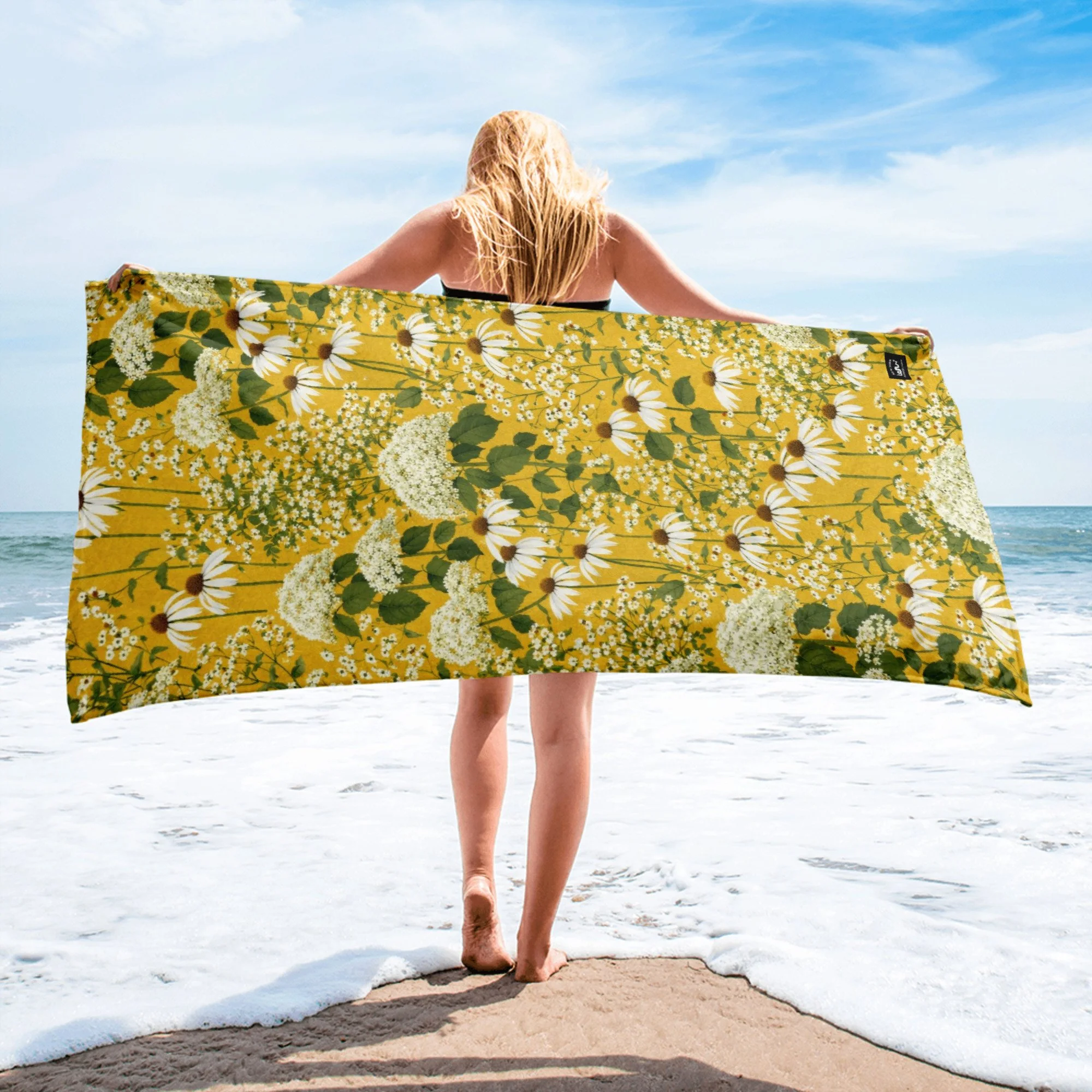 Yellow Beach Towel with White Echinacea & Hydrangea Floral Pattern