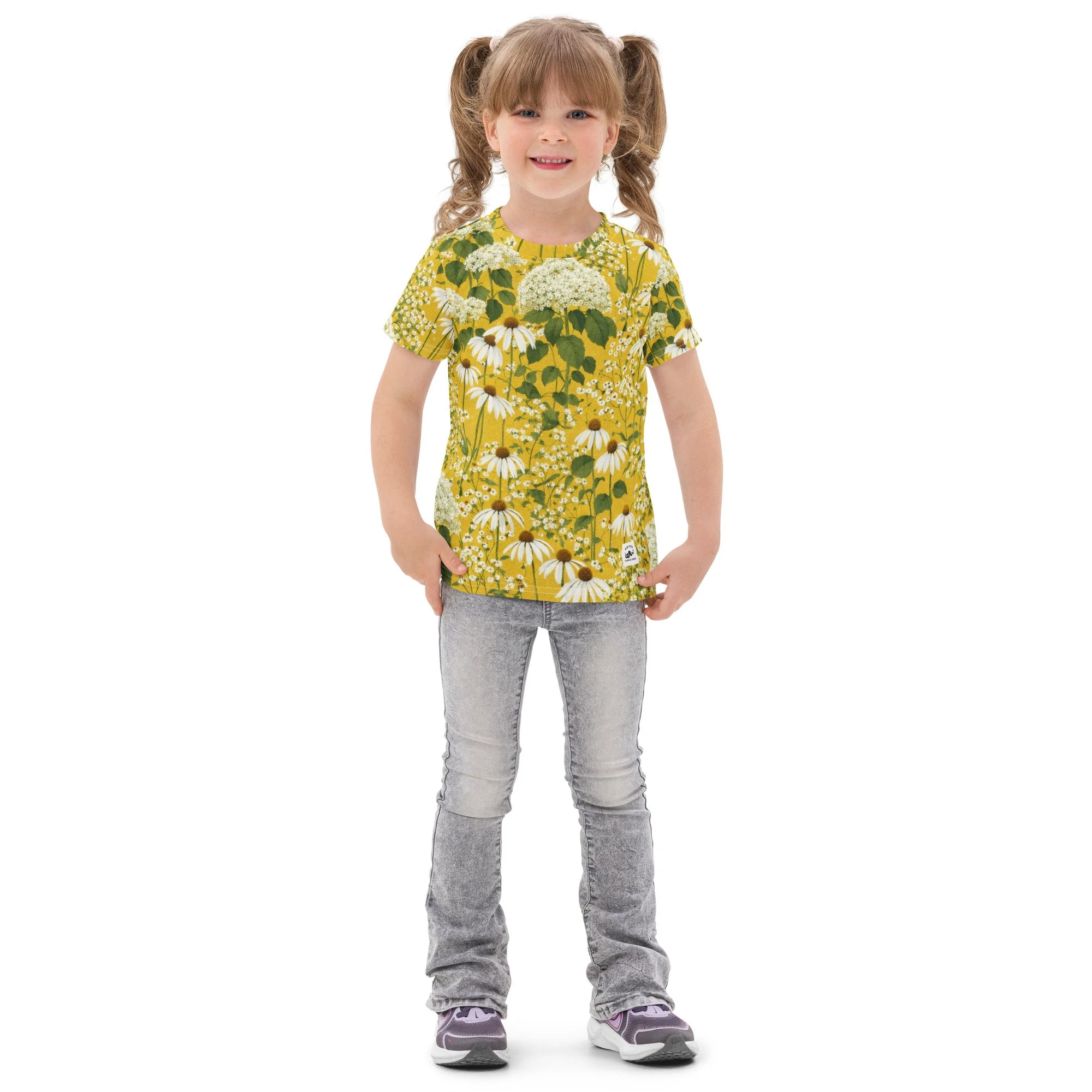 Comfortable Yellow Kids Cotton Crew Neck T-Shirt with Echinacea & Hydrangea Floral Pattern