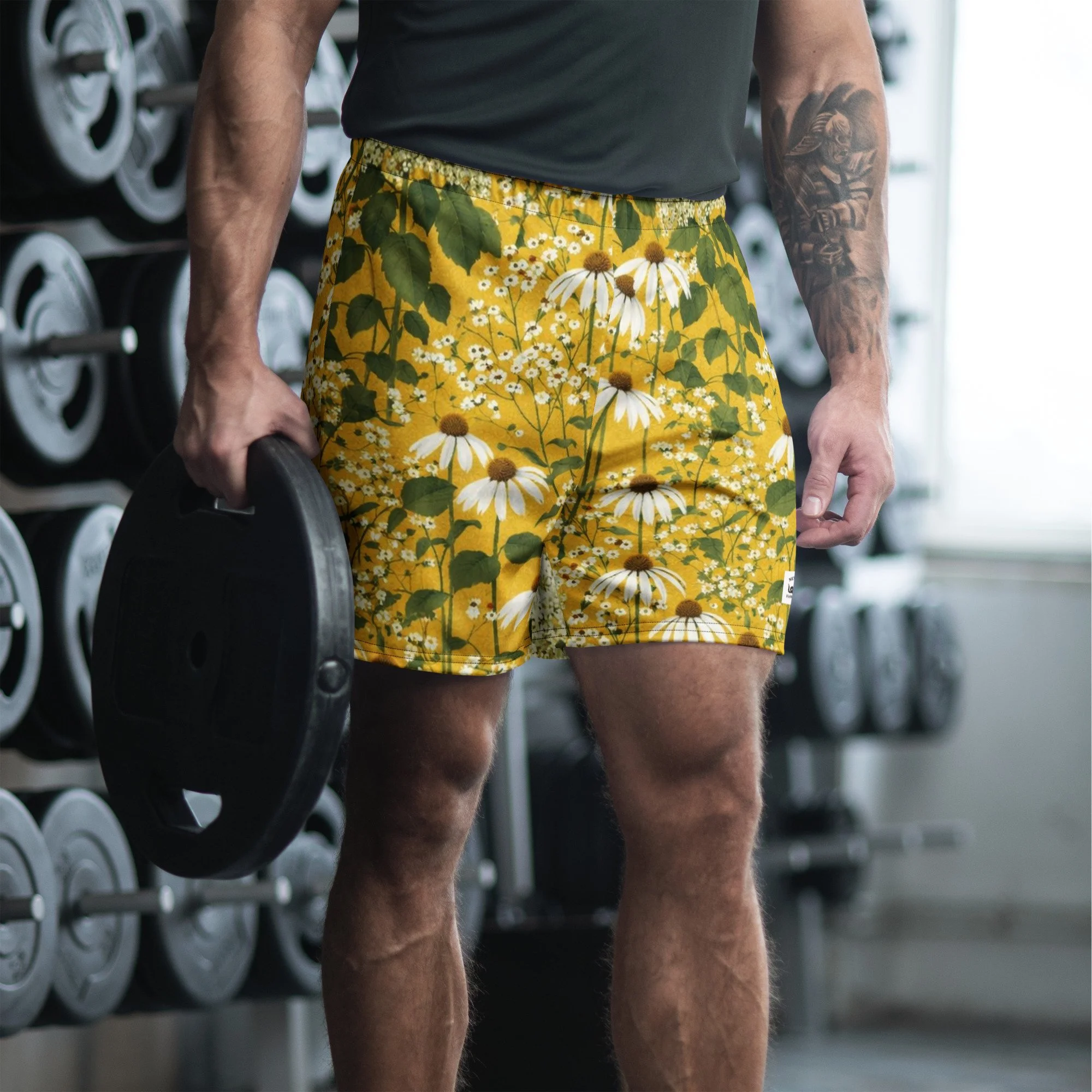Recycled Textile Athletic Long Shorts with Yellow Echinacea & Hydrangea Floral Pattern