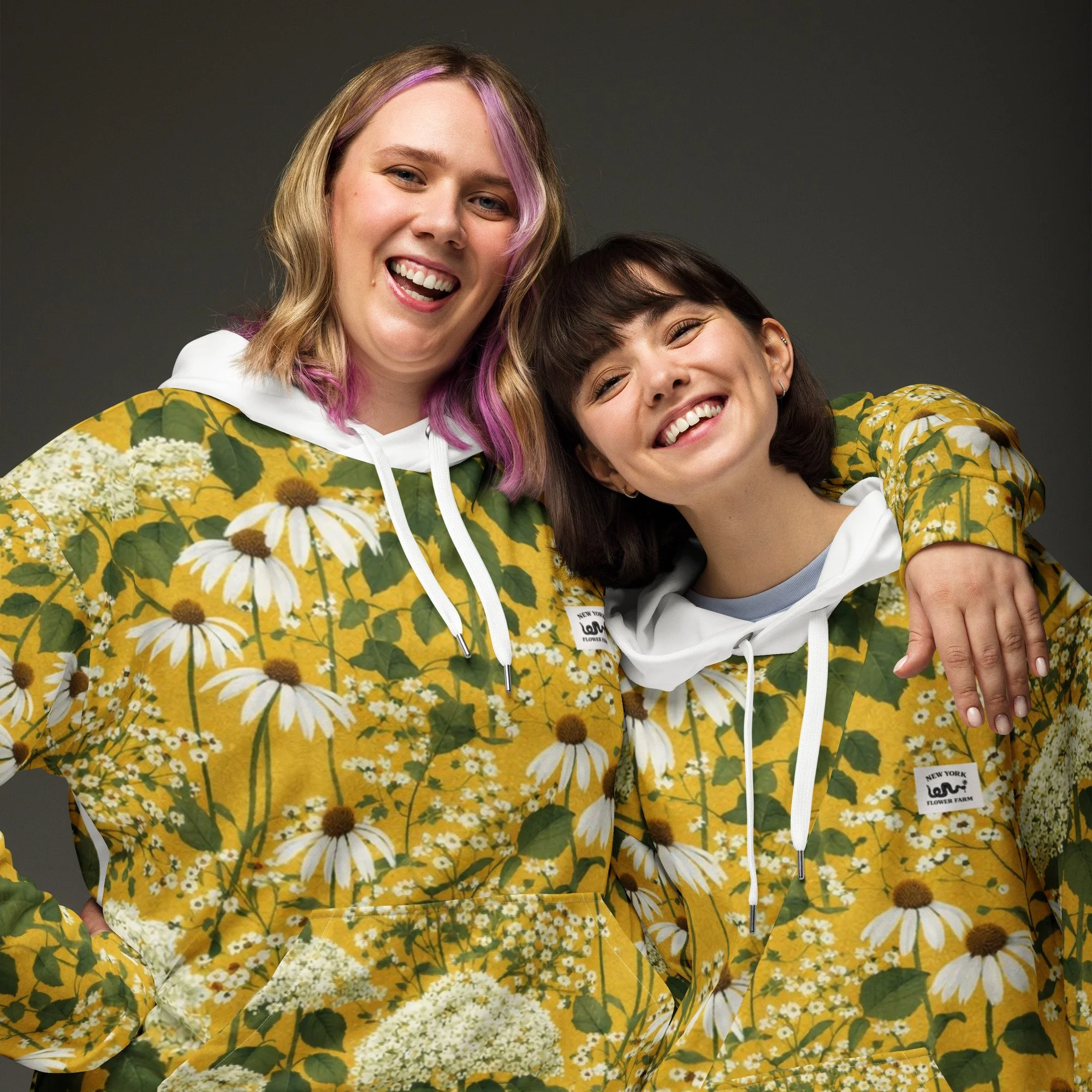 Comfy Yellow Unisex Hoodie with Echinacea & Hydrangea Floral Pattern | Eco-Conscious Clothing