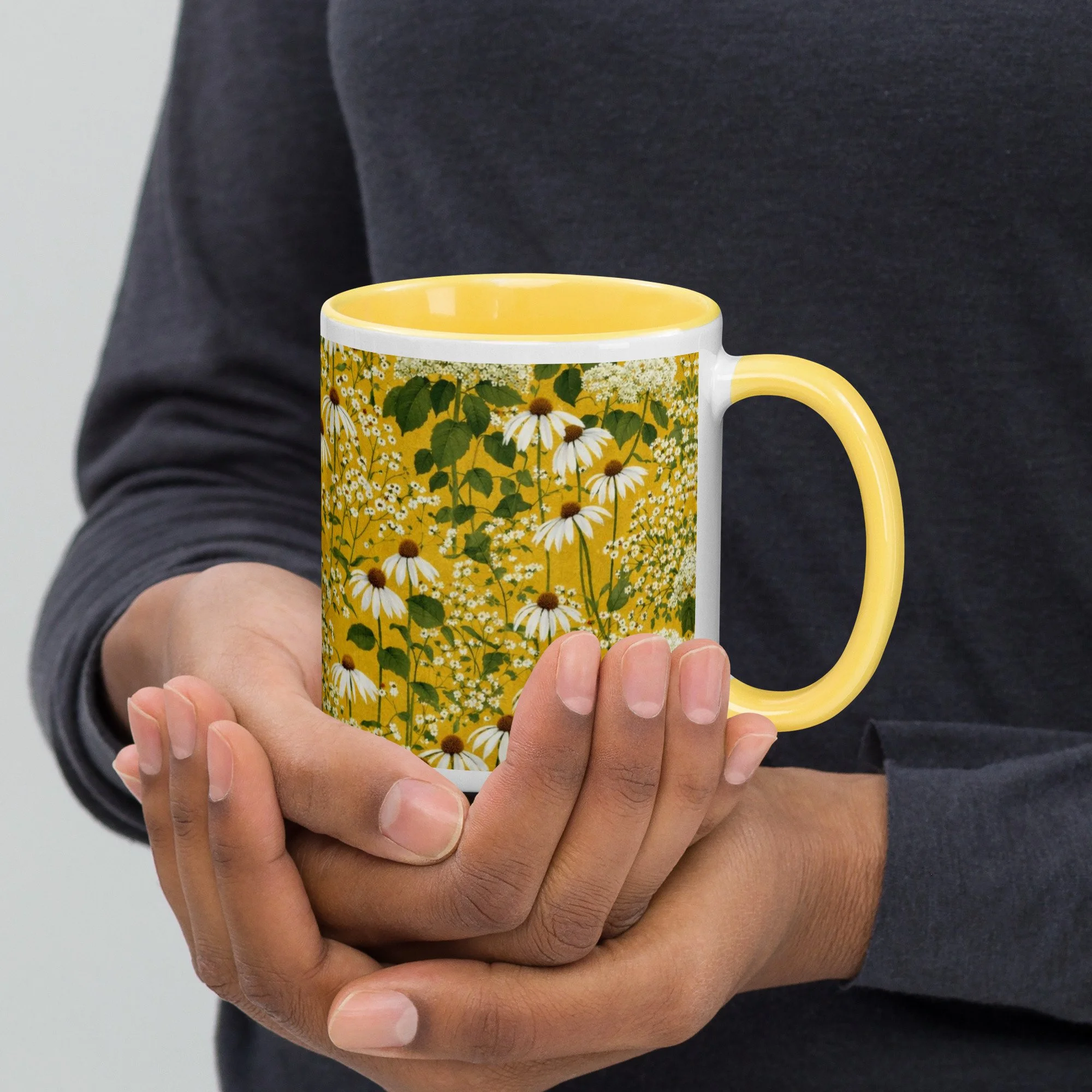 Yellow Mug with White Echinacea & Hydrangea Floral Print