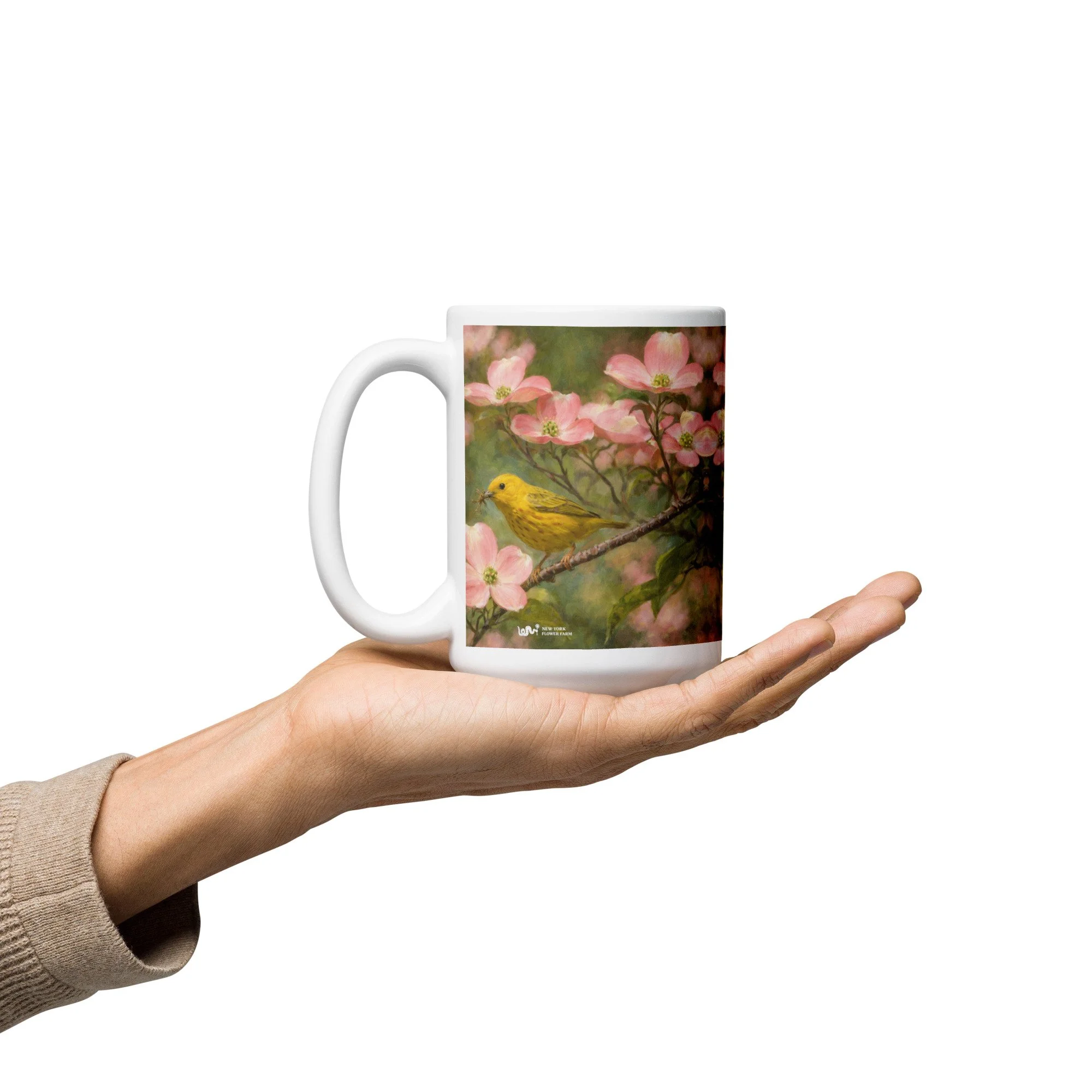 White Mug with Pink Flowering Dogwood & Yellow Warbler | Native Nature Design