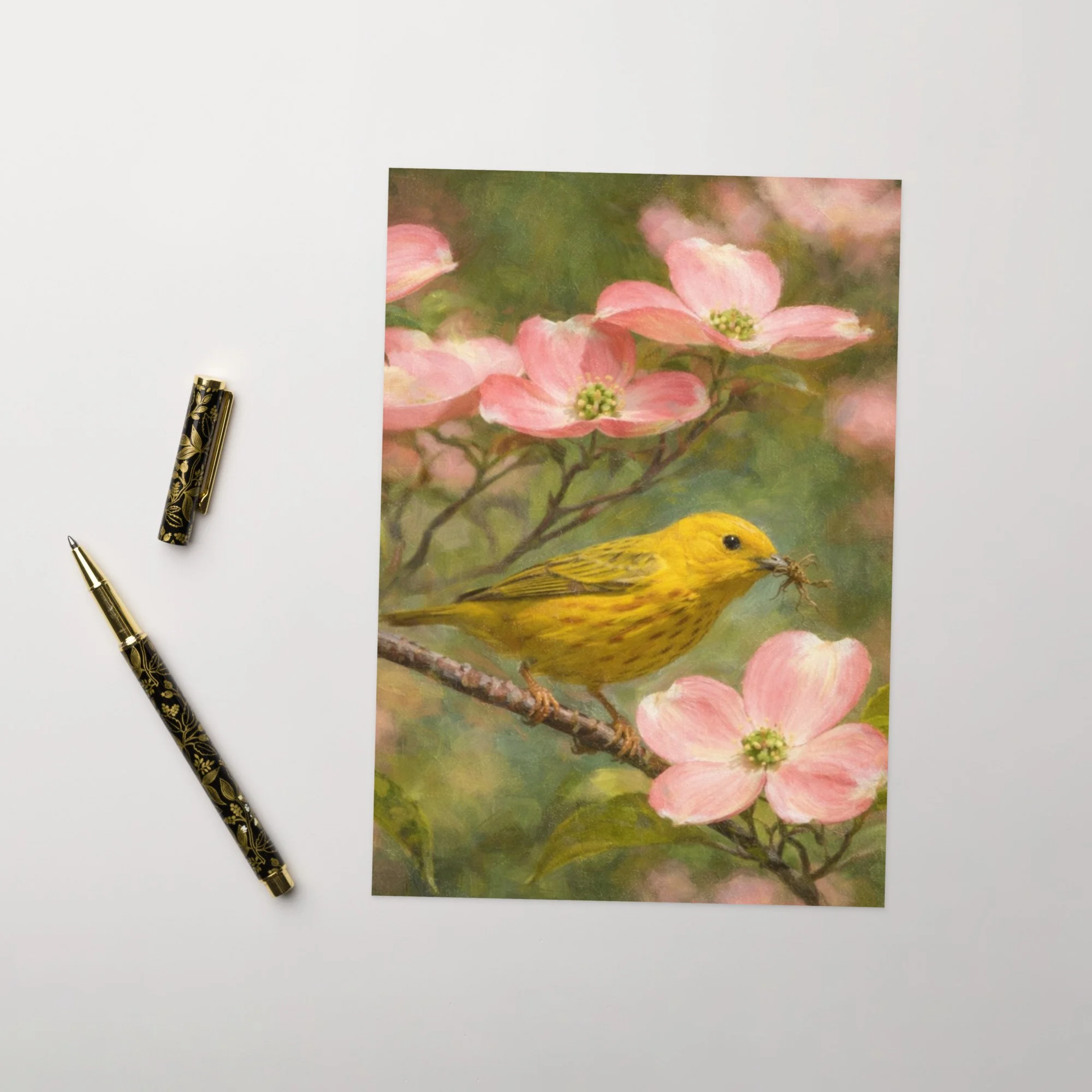 Pink Flowering Dogwood & Yellow Warbler Greeting Card | Native Nature card