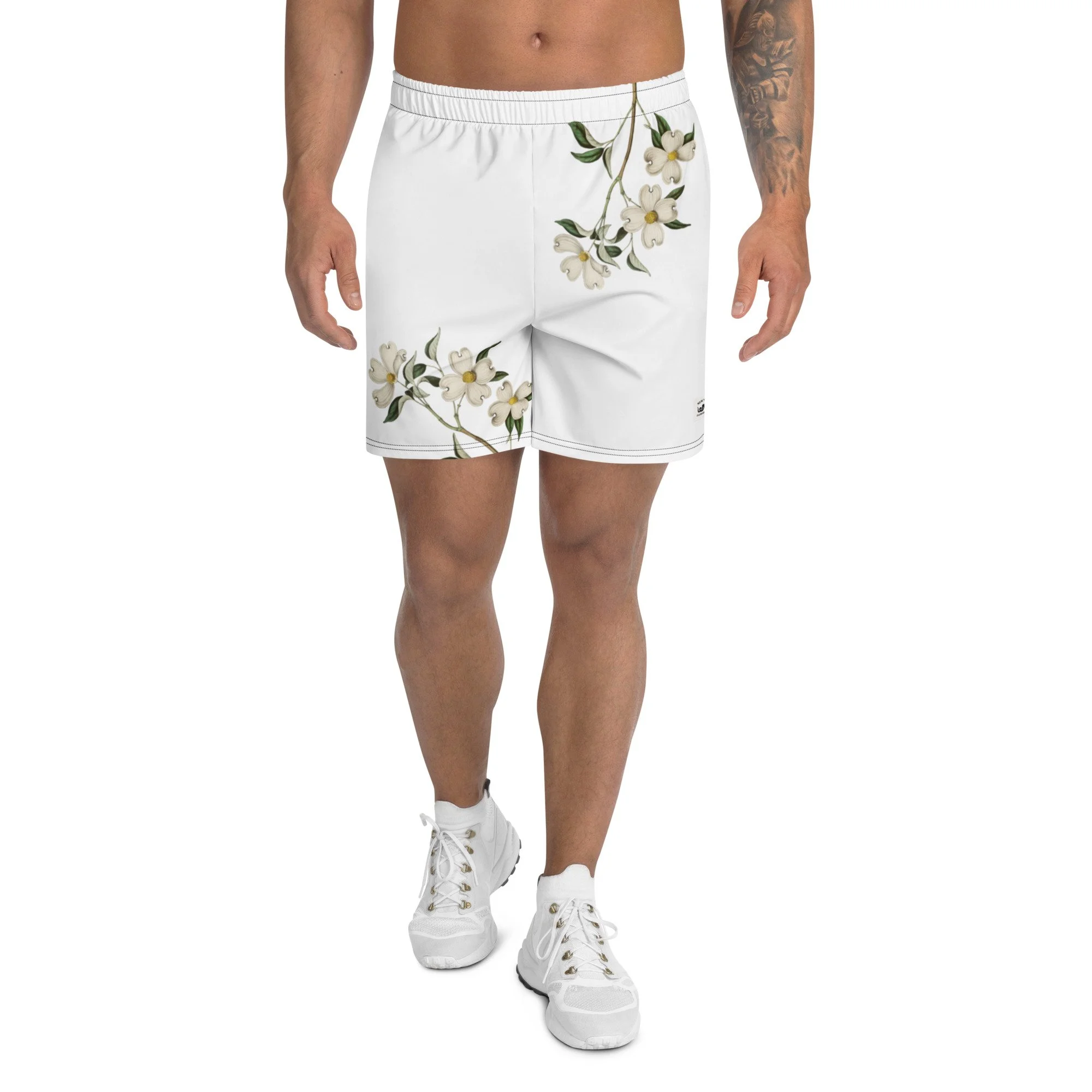 White Recycled Athletic Long Shorts with Flowering Dogwood Floral Pattern | Eco-Conscious Activewear