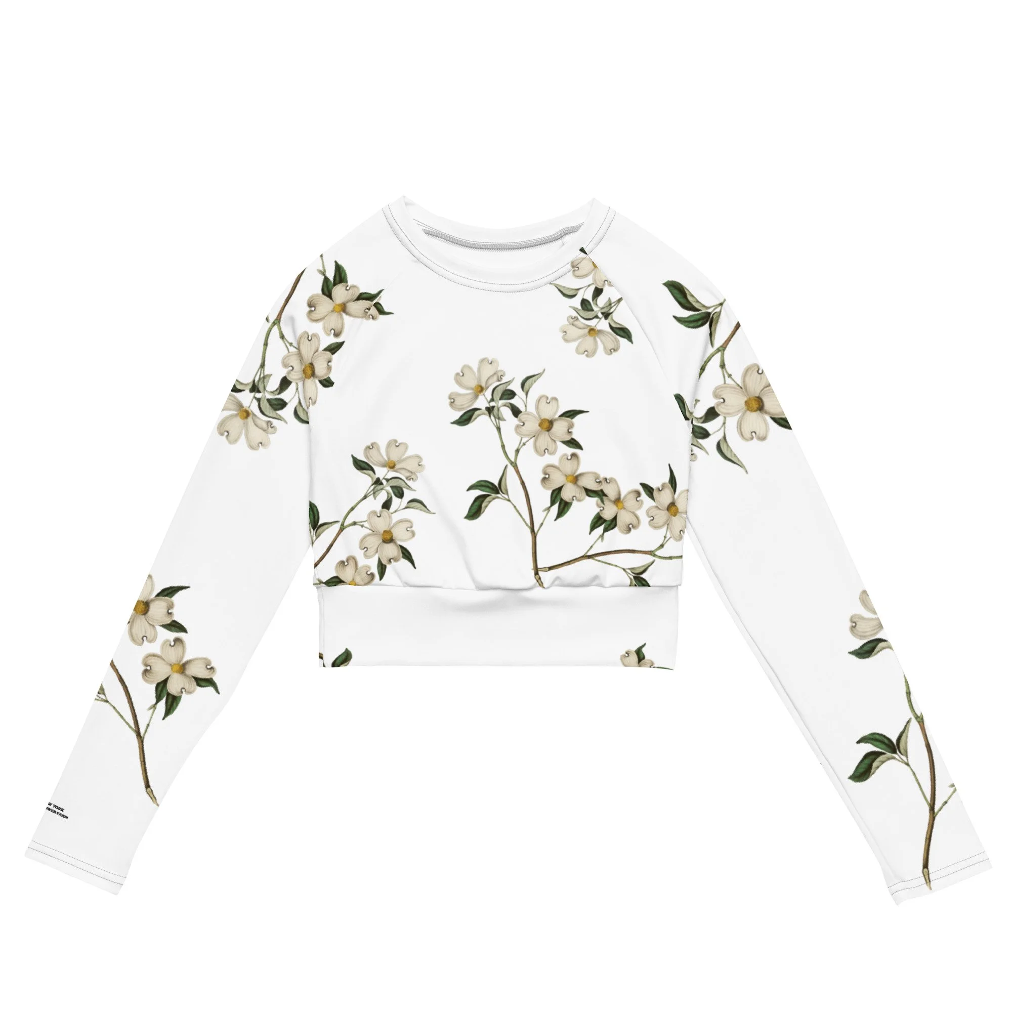 Eco-Conscious Recycled Long-Sleeve Crop Top with White Flowering Dogwood Pattern