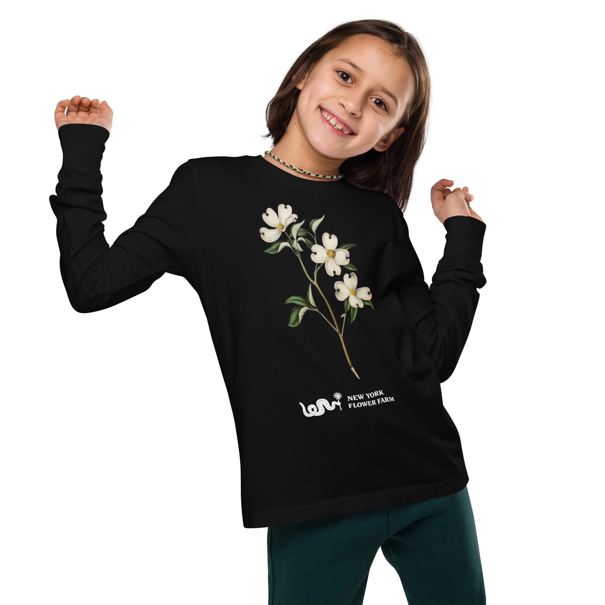 Cotton Youth Long Sleeve Tee with Flowering Dogwood “I Love Native Plants” Heart | Conscious Apparel