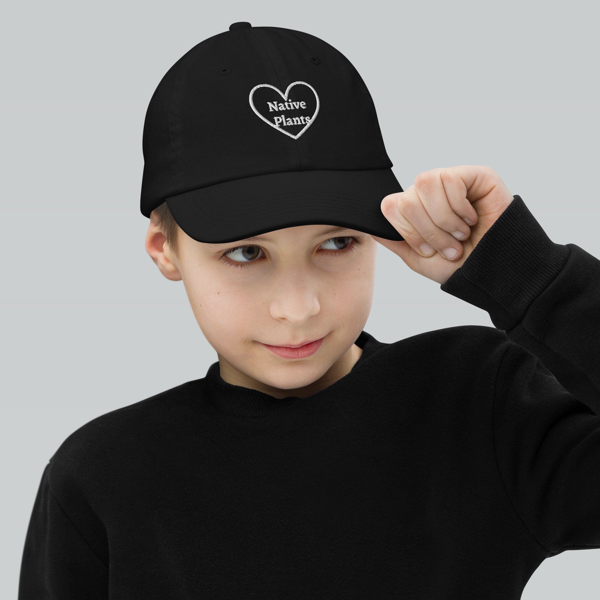 Youth Baseball Cap Embroidered “I Love Native Plants” Heart | Botanical Kids Hat