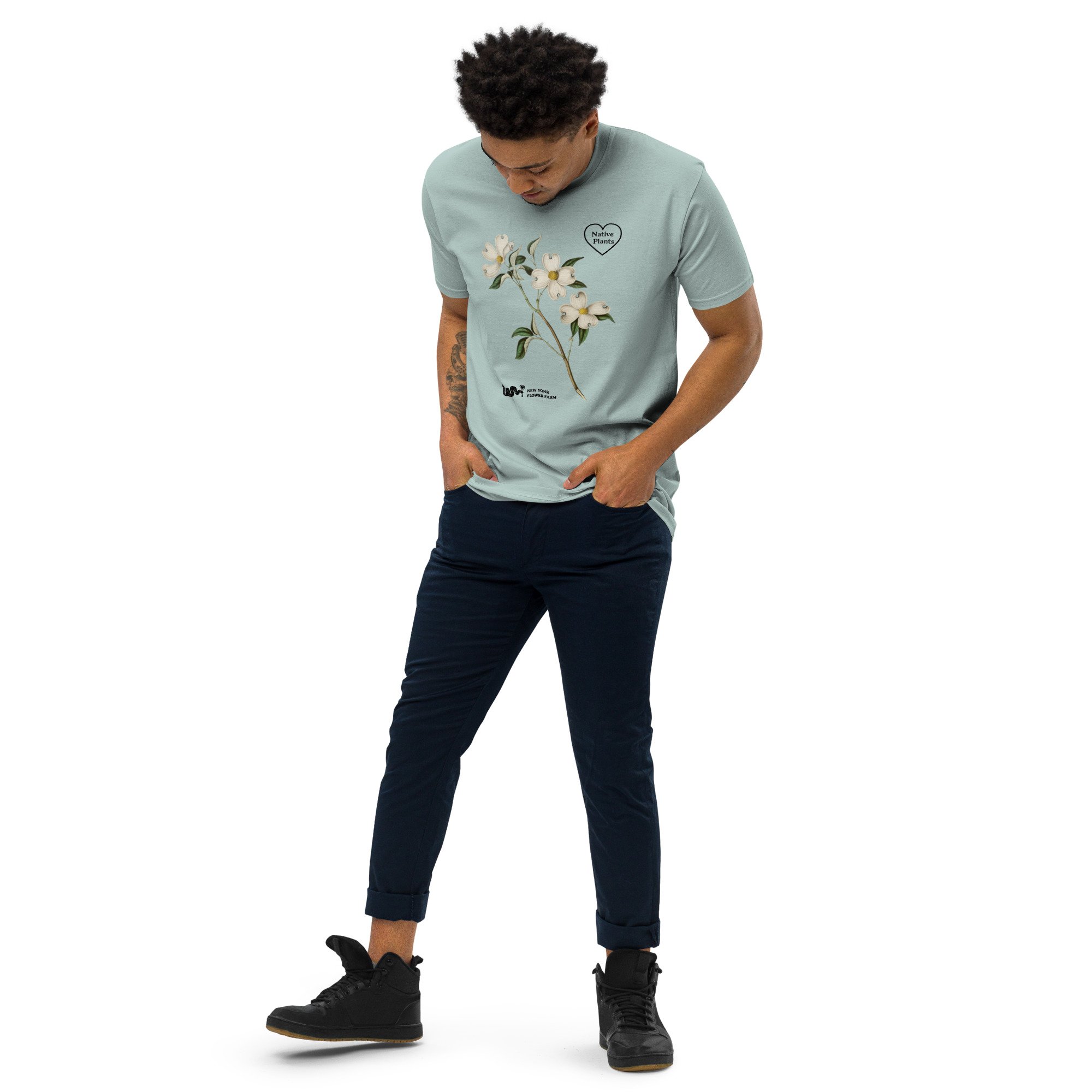 Men’s Premium Heavyweight Light Blue T-Shirt with Flowering Dogwood Print
