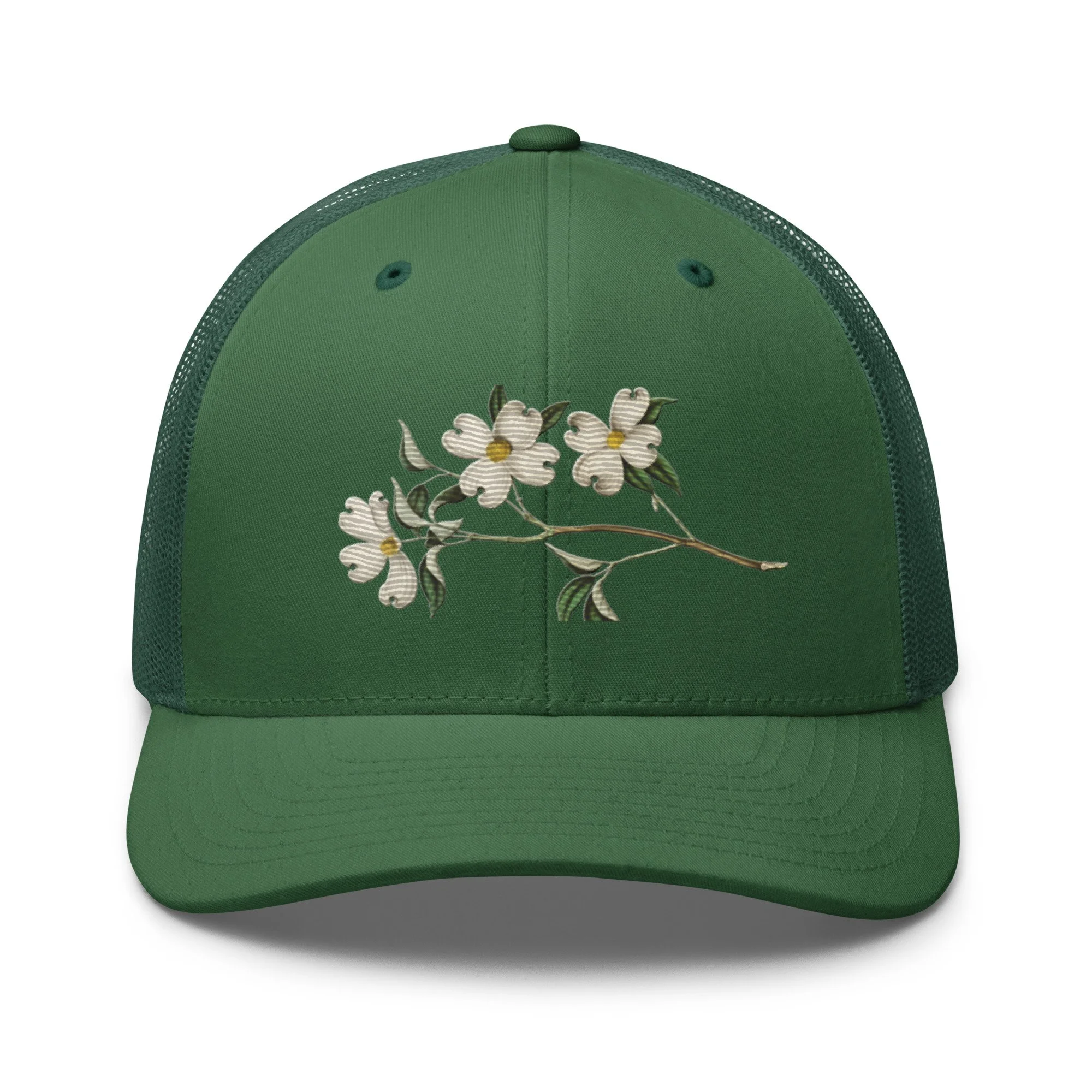 Comfortable Green Trucker Cap with Embroidered White Flowering Dogwood