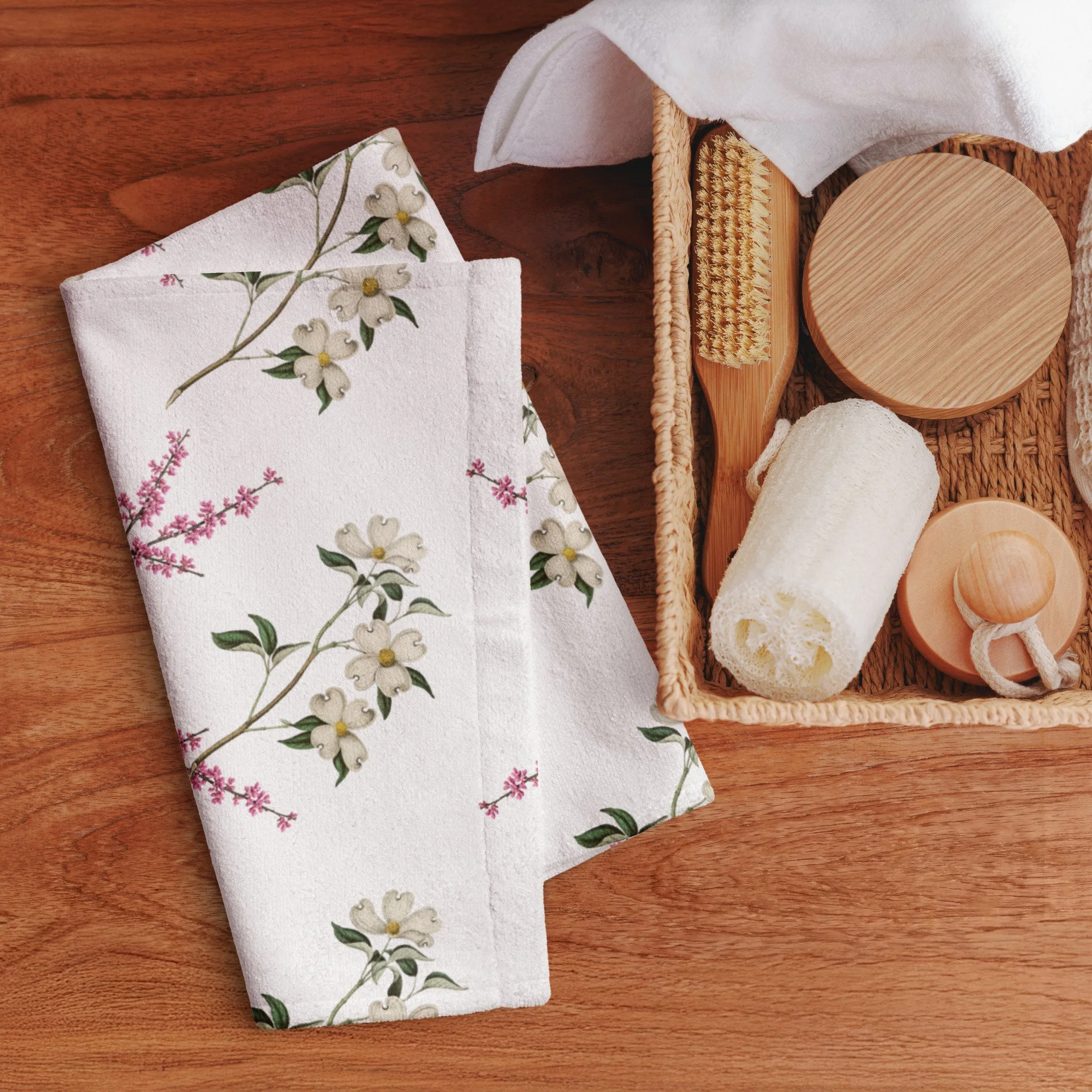 White Hand Towel with Eastern Redbud & Flowering Dogwood | Wildflower Floral Design