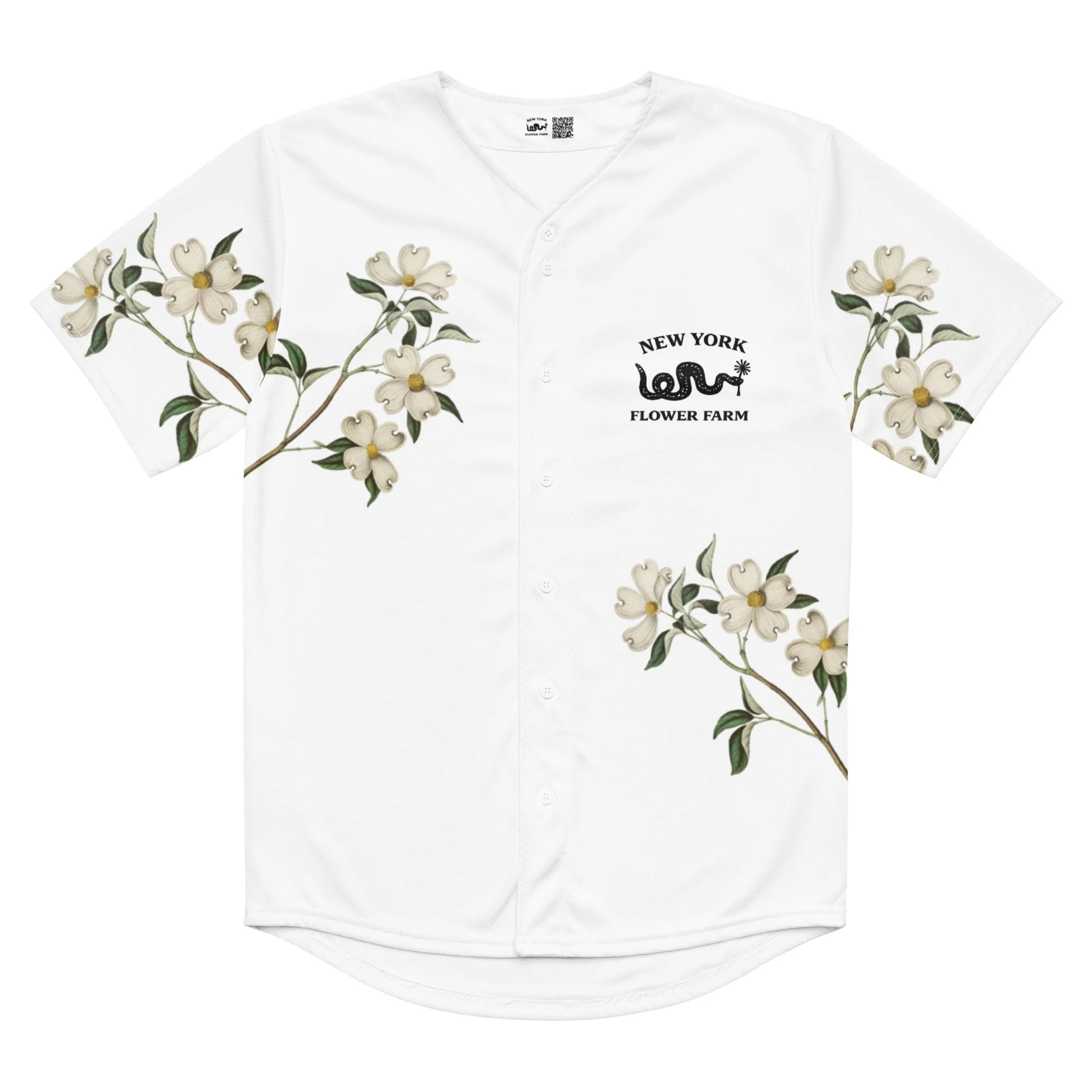 Recycled Textile Baseball Jersey with White Flowering Dogwood Floral Print