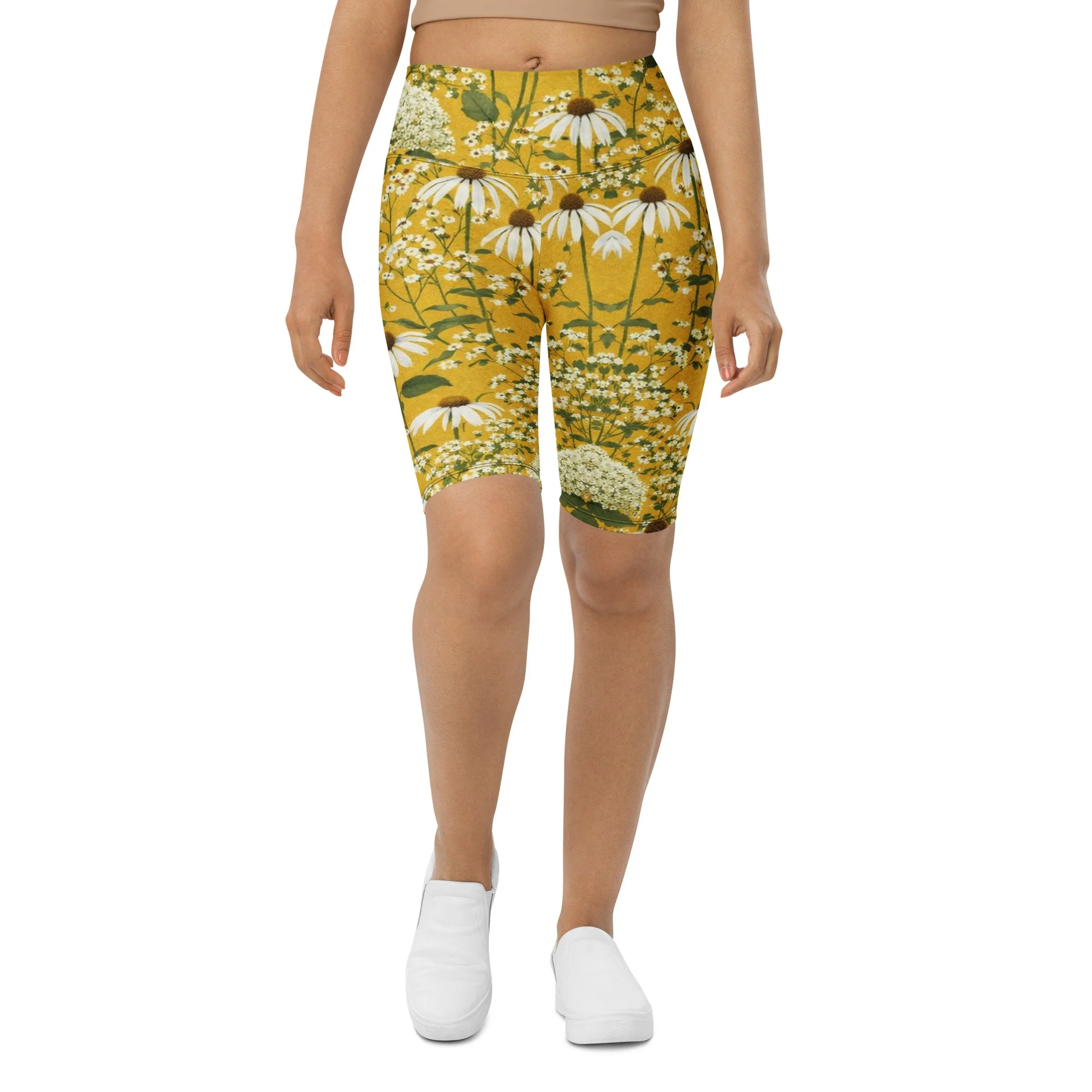 Eco Biker Shorts Made from Recycled Textiles with Yellow Echinacea Floral Pattern