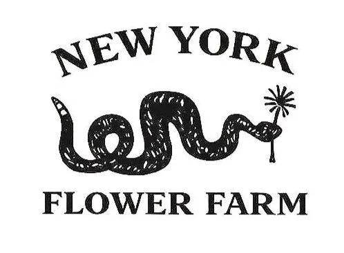 Logo for New York Flower Farm featuring a snake with a flower in its mouth.