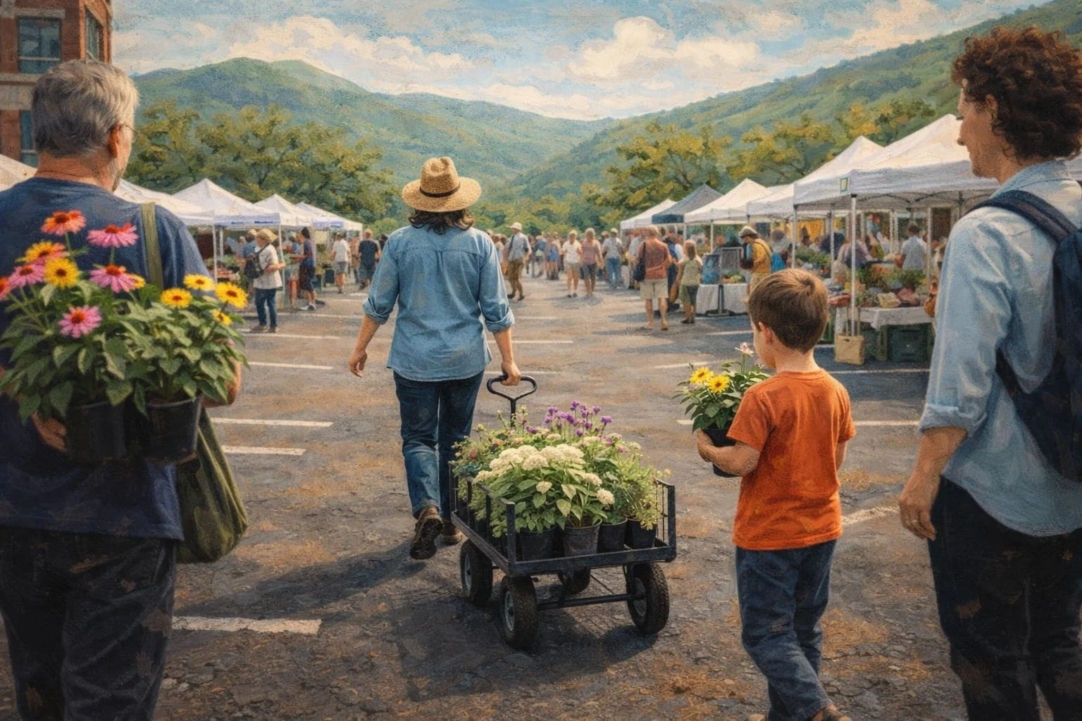 People walking through an outdoor farmers market with white tents, mountains in the background, and various vendors selling produce and flowers.
