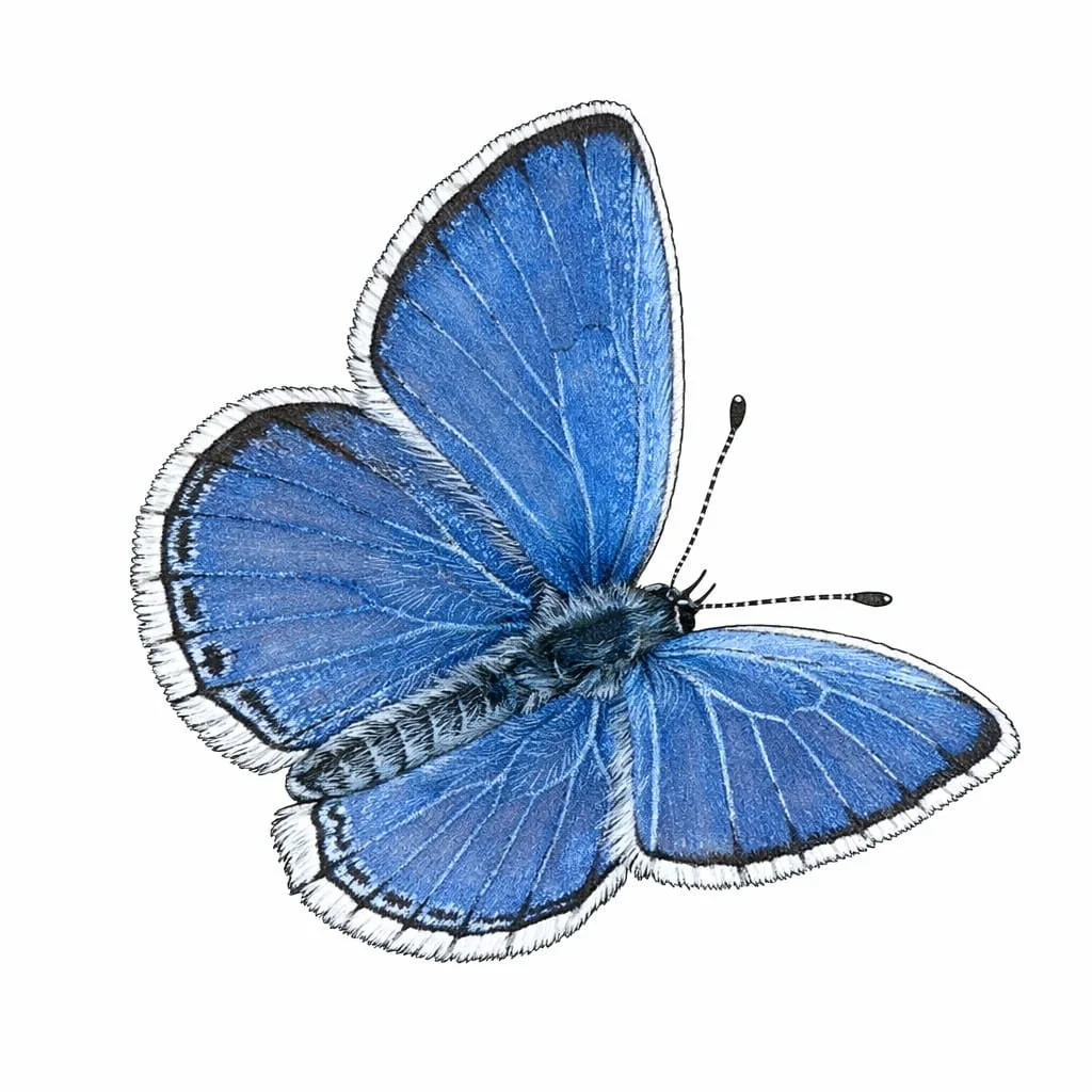 Close-up of a blue butterfly with detailed wing patterns, facing right, on a white background.