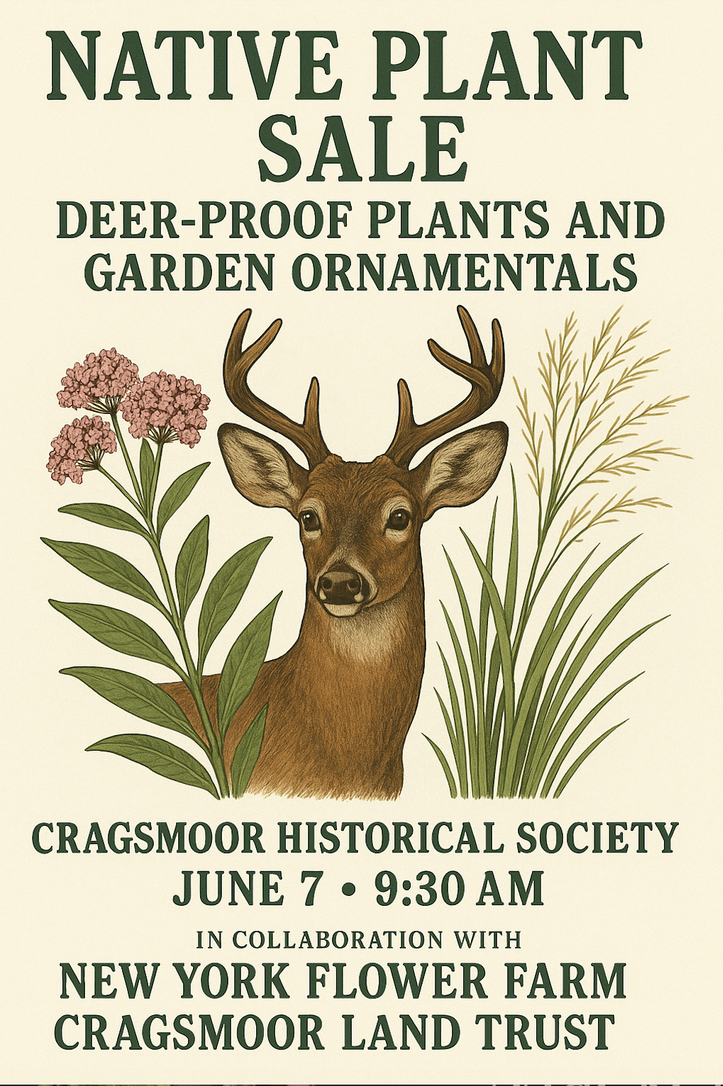 Poster for a native plant sale featuring deer-proof plants and garden ornamentals, organized by Cragsmoor Historical Society, scheduled for June 7 at 9:30 AM, in collaboration with New York Flower Farm and Cragsmoor Land Trust.