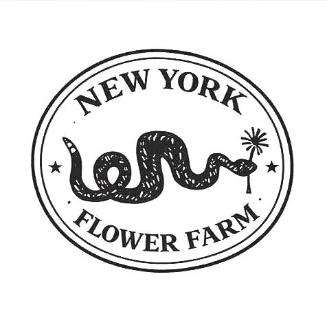 Logo for New York Flower Farm with a snake holding a flower in its mouth inside an oval.