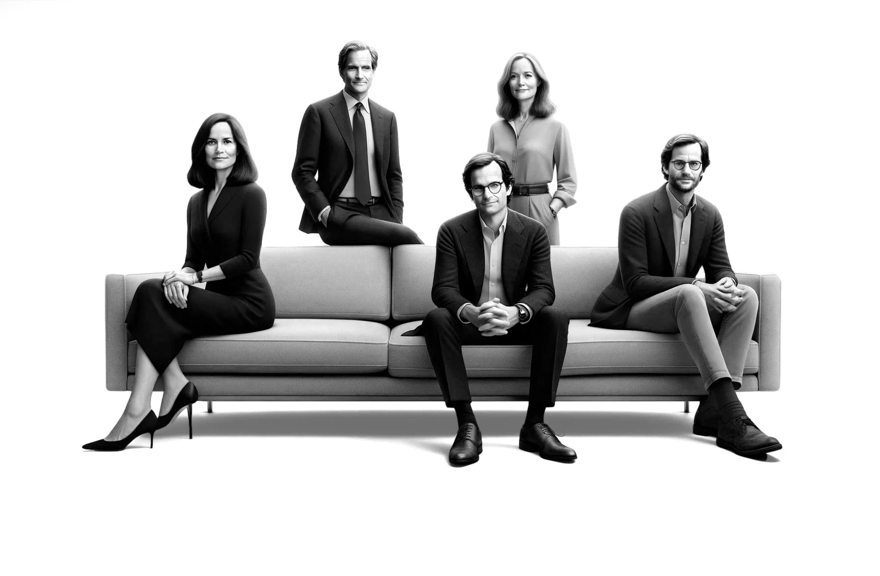 Zes mensen in zakelijke kleding, drie zittend op een bank en drie staand achter de bank, in een zwart-wit foto.