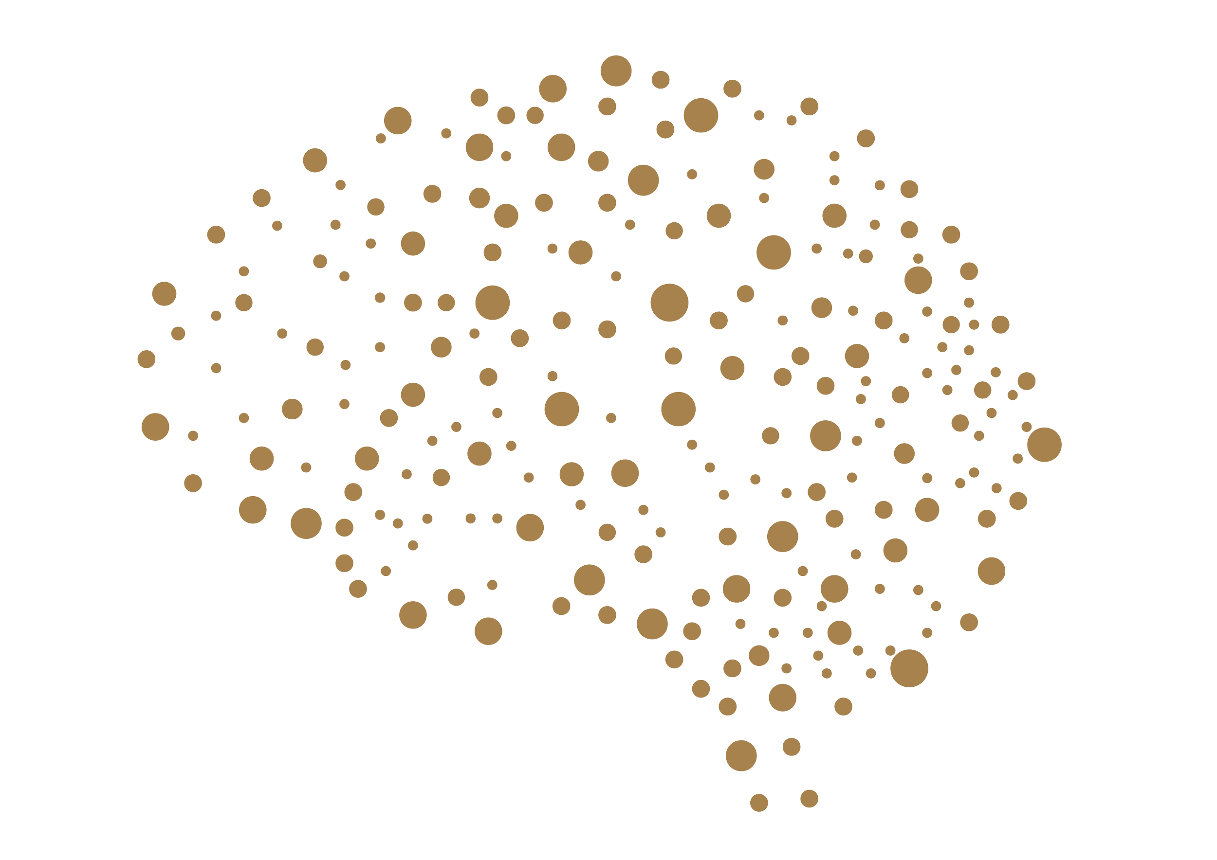 A brain illustration made up of numerous gold-colored circles of varying sizes on a black background.