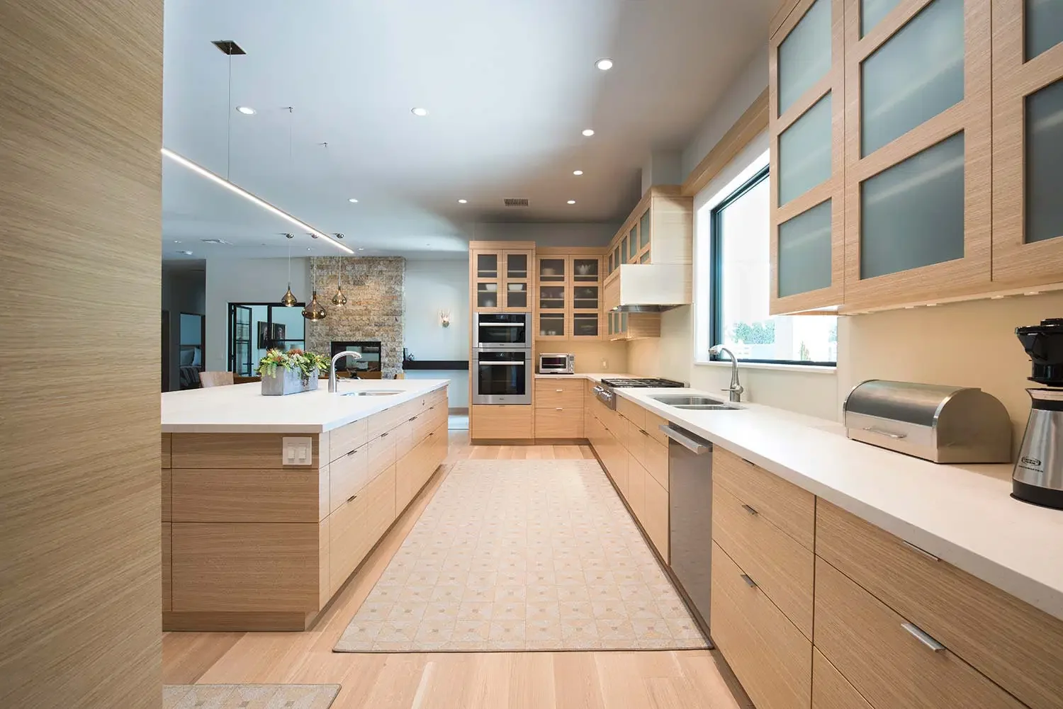 Close-up of rift white oak custom cabinetry showcasing consistent wood grain, precision joinery, and premium craftsmanship.
