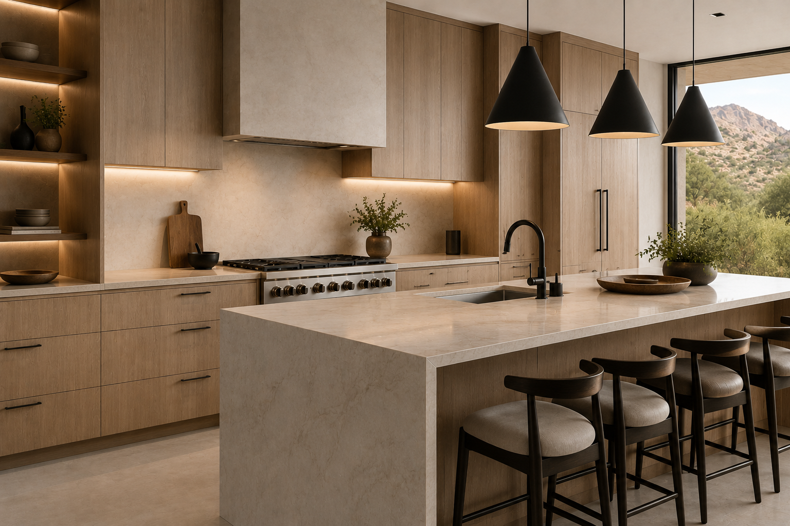 Modern custom white oak kitchen with floor-to-ceiling cabinetry, waterfall island, integrated appliances, and luxury architectural millwork by Madley Fine Cabinetry in Scottsdale, Arizona.