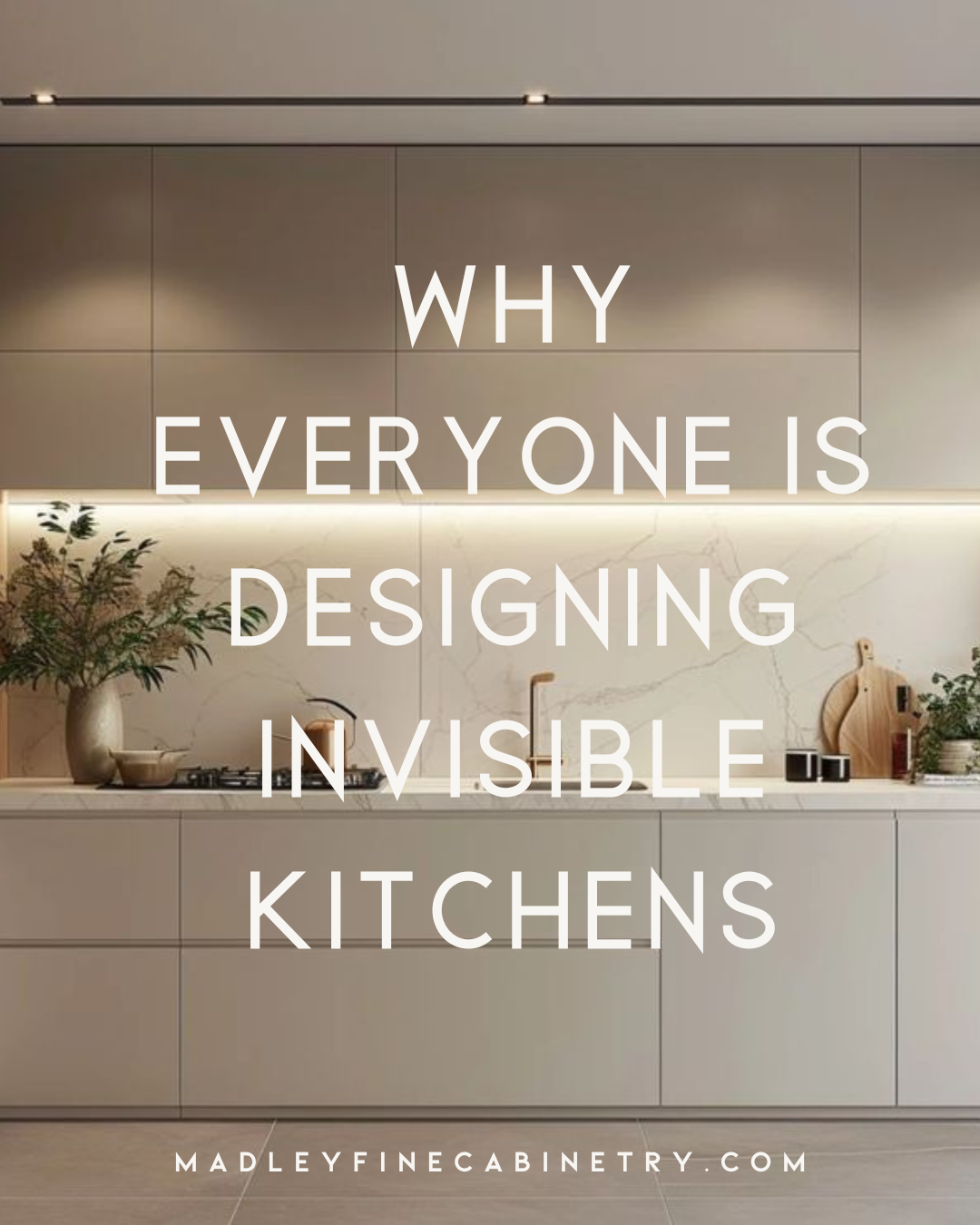 Modern custom white oak kitchen with floor-to-ceiling cabinetry, waterfall island, integrated appliances, and luxury architectural millwork by Madley Fine Cabinetry in Scottsdale, Arizona.