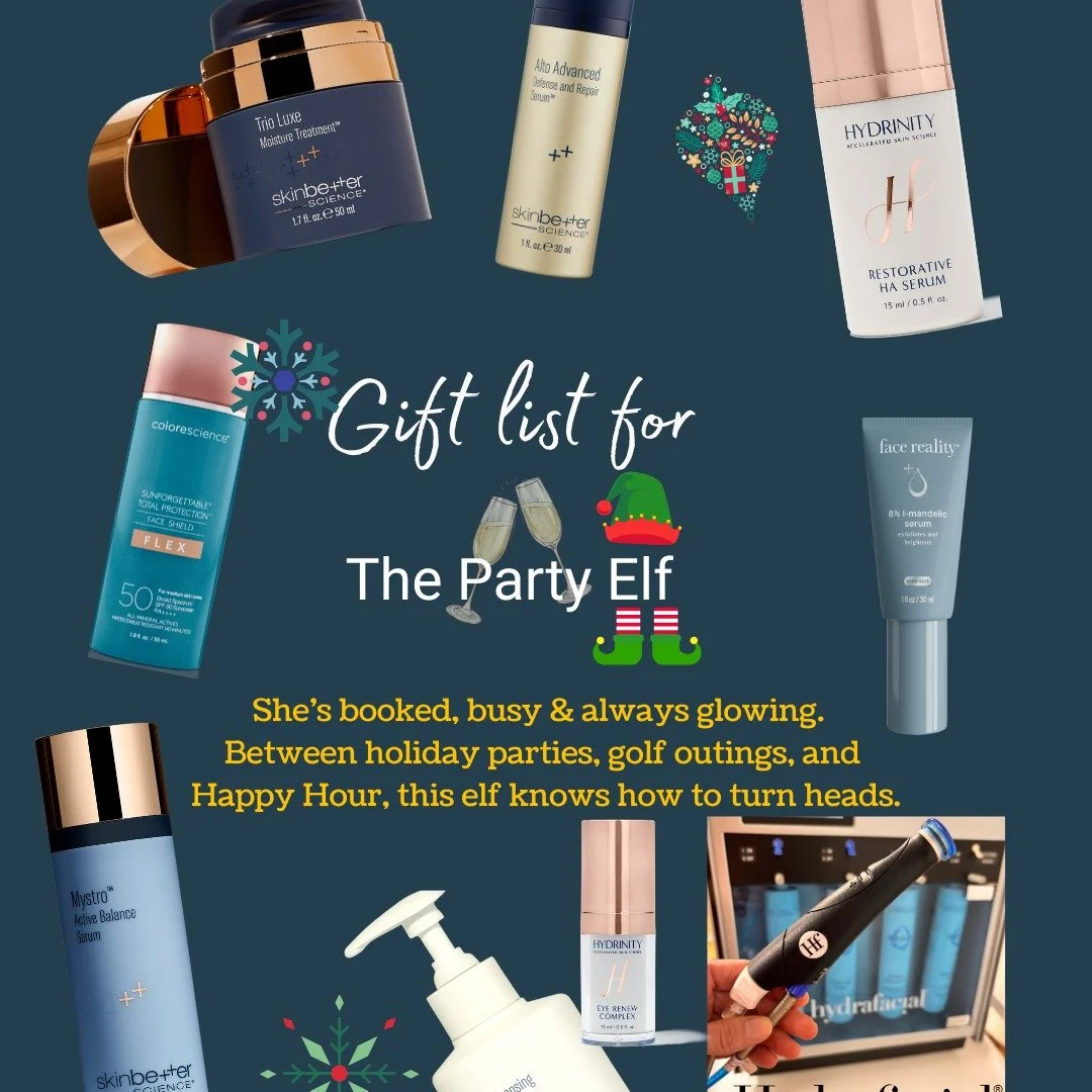 Gift Guide #2 from Facetyme with Gina:

The PARTY ELF

She's booked, busy and always glowing. Between holiday parties, golf outings and Happy Hour, this elf knows how to turn heads.

🫧 Skinbetter Cleaning Gel: this gentle cleanser can be used as a m