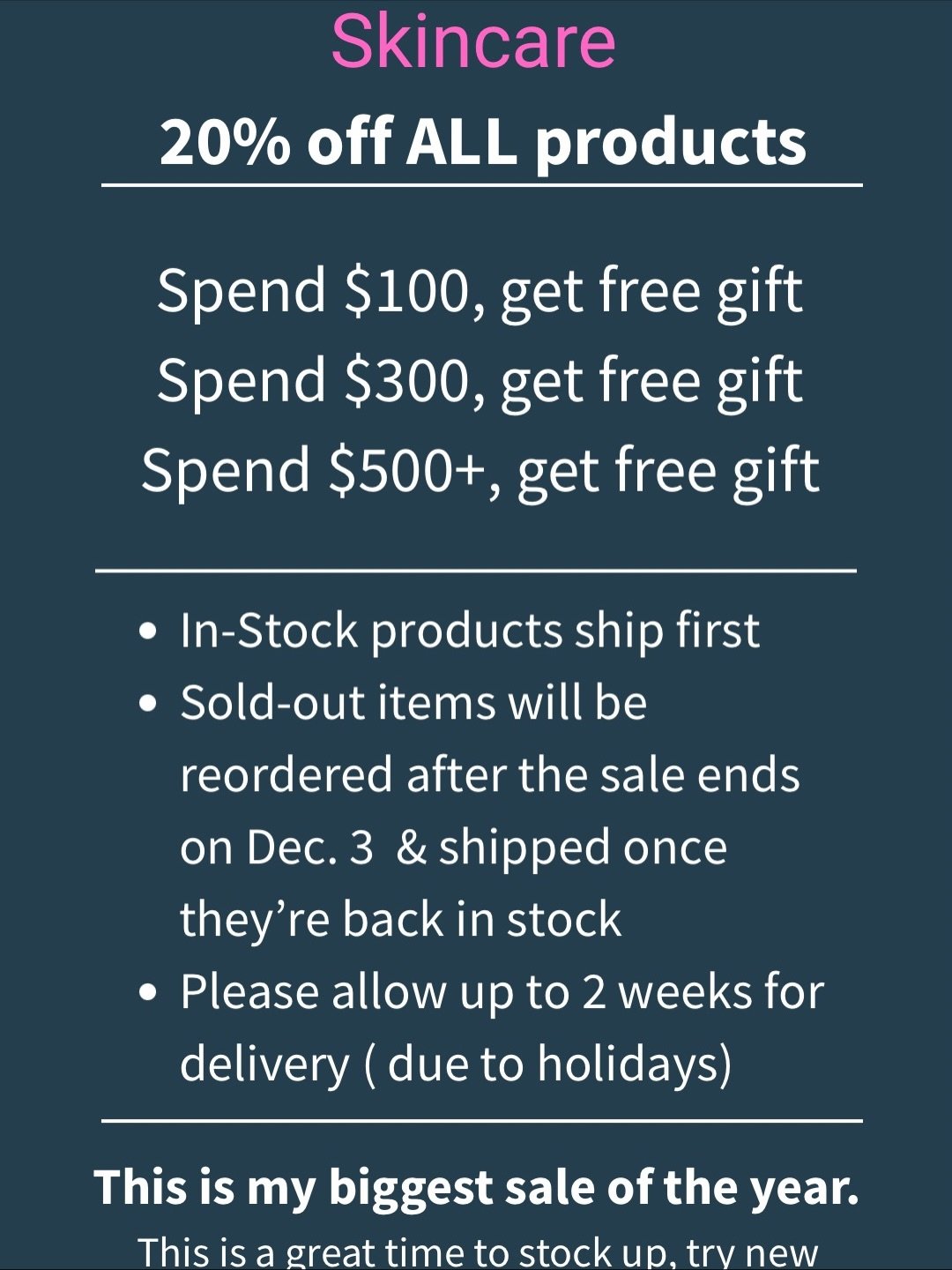 20% off ALL products 

Spend $100, receive full size
 Luxe Lip Hydrator, 
2 sample Hydrinity products
 ($70 value) while supplies last

Spend $300, receive the above PLUS 
Travel size Skinbetter Tone Smart SPF 75
Travel size Skinbetter Trio Luxe mois